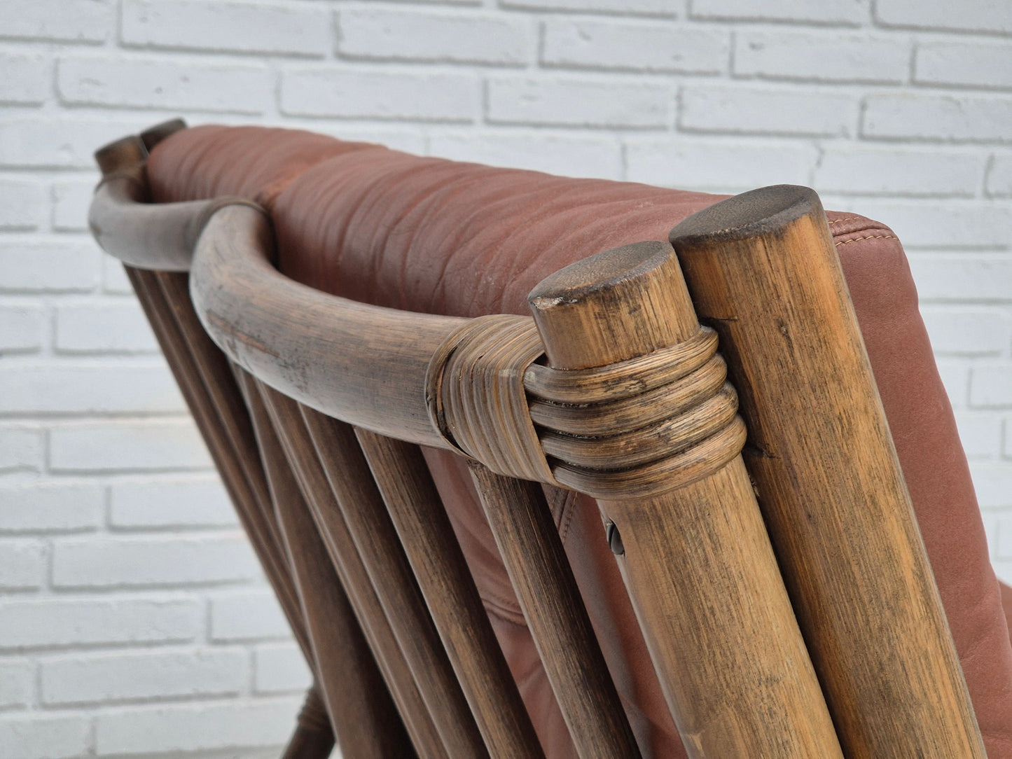 1970s, Scandinavian 2 seater sofa, original very good condition, bamboo, leather.