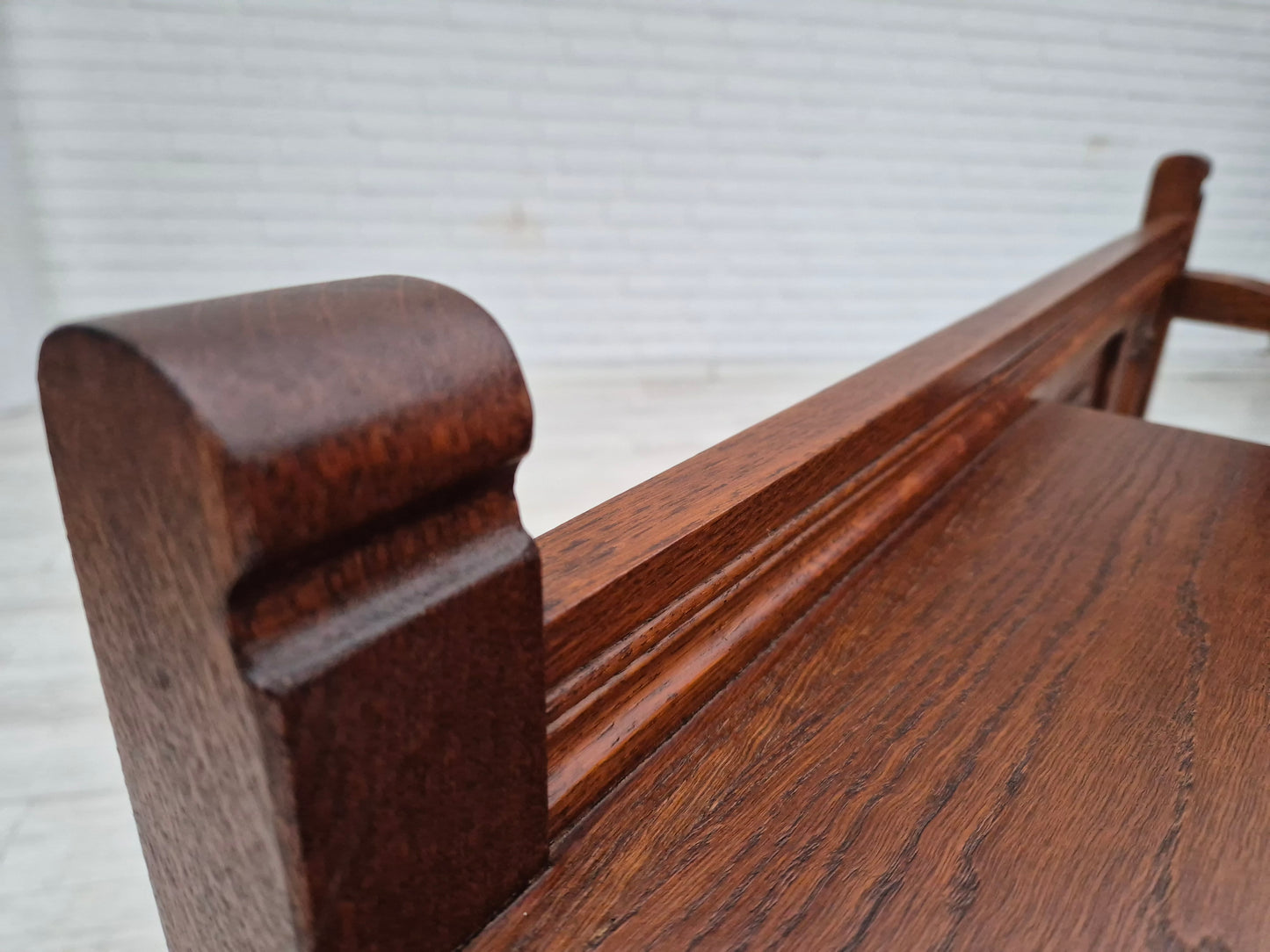 1960s, Danish side bench, dark solid oak wood, plywood.