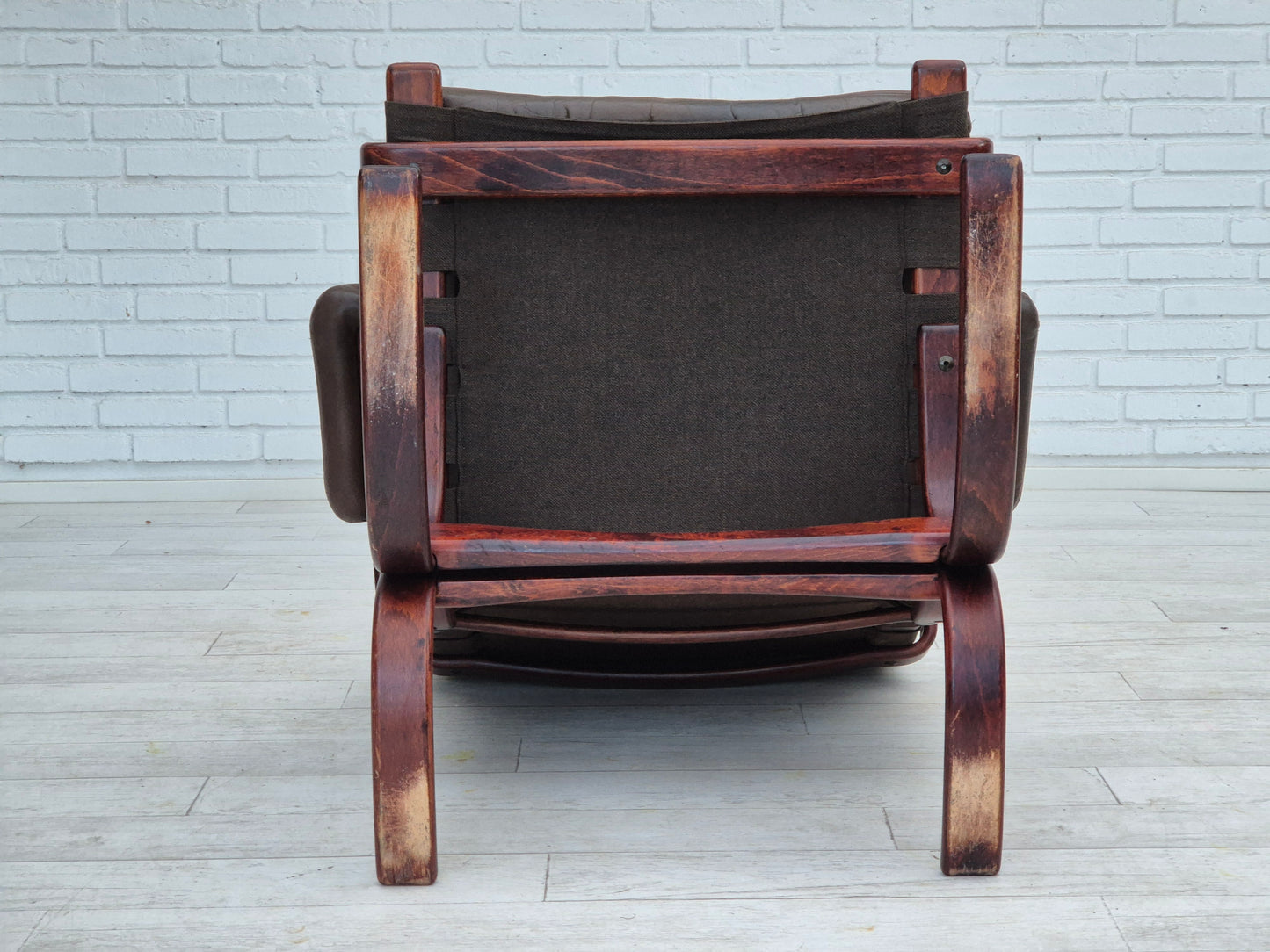 1970s, Scandinavian armchair, original condition, furniture leather, bent wood, canvas.