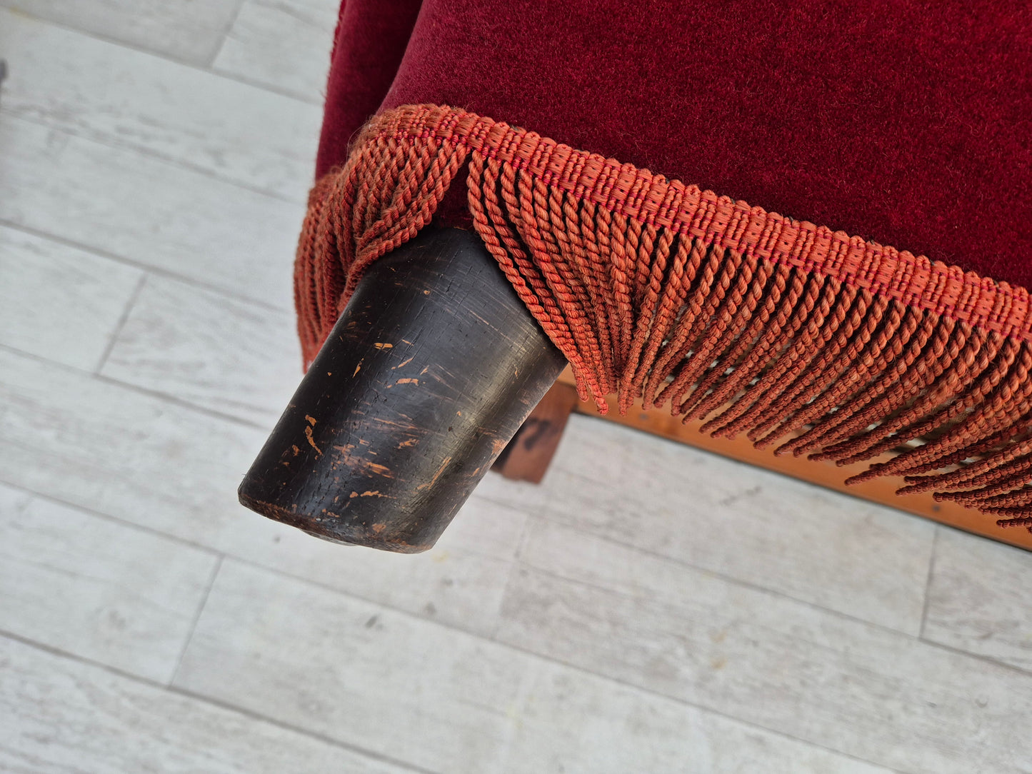1960s, Danish 3 seater sofa, original condition, cherry-red furniture velour.
