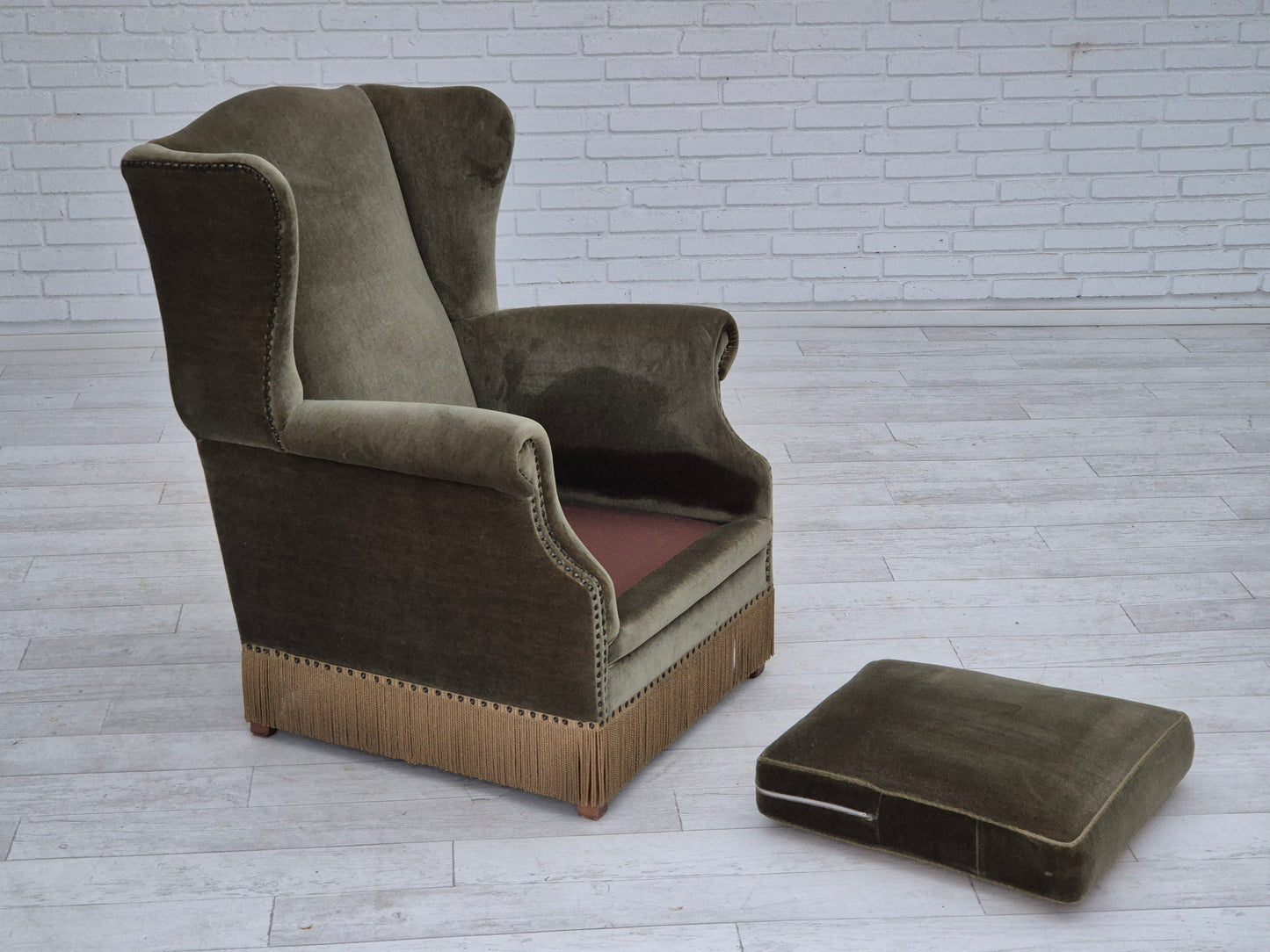 1970s, Danish highback armchair, original condition, furniture velour, double sided seat cushion.