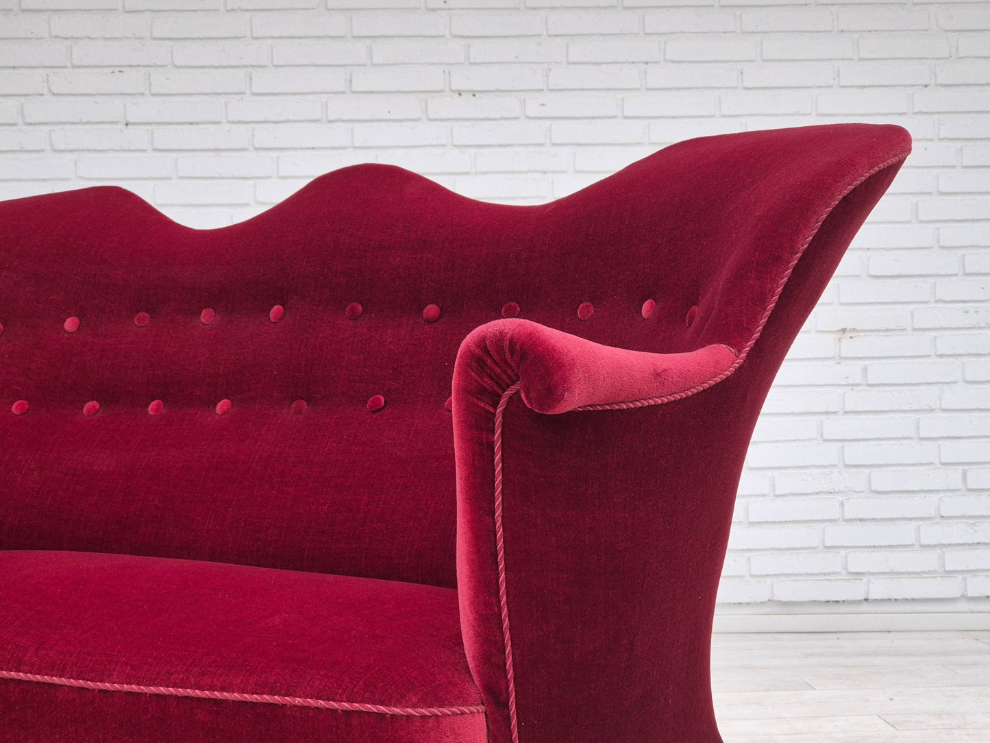 1950s, Danish 2-seater sofa, cherry-red furniture velour, ash wood.