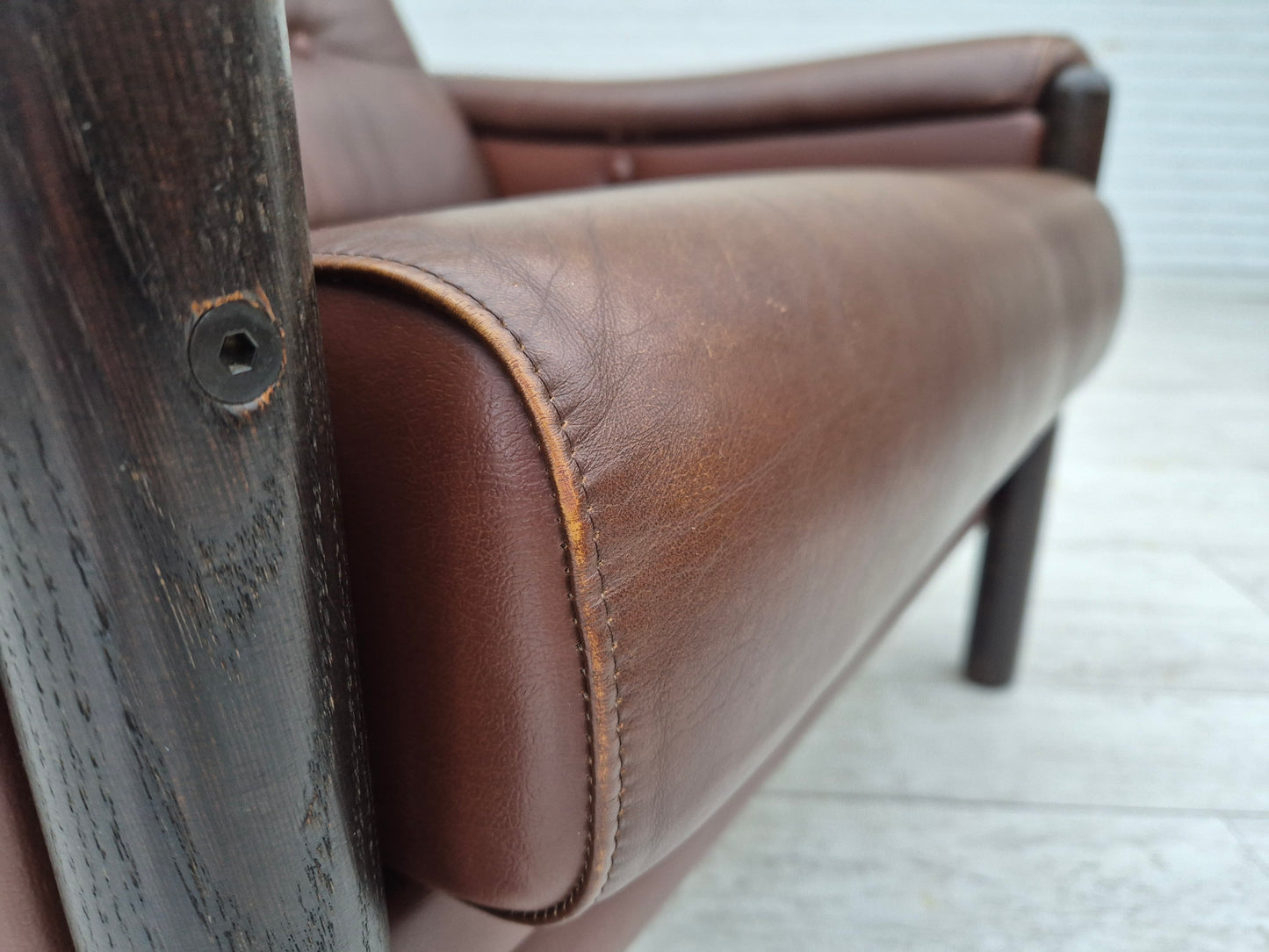 1970s, Danish armchair, original condition, furniture leather, dark oak wood.