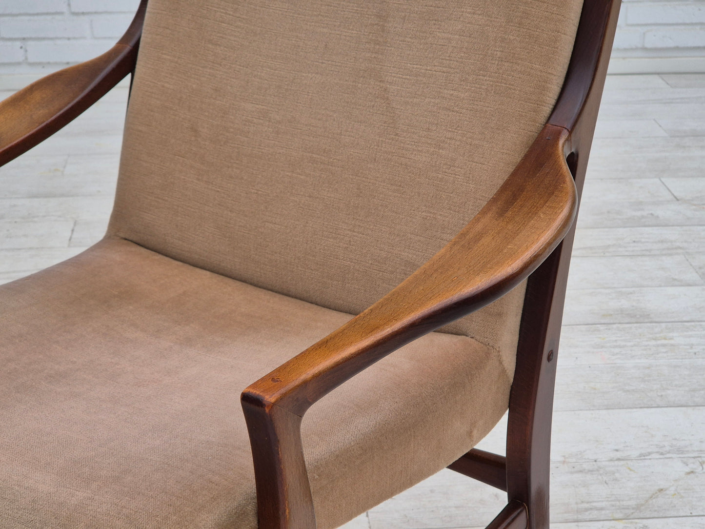 1960s, Scandinavian design, highback armchair, original condition, furniture velour, dark beech wood.