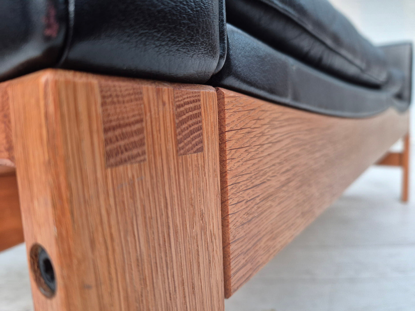 1960s, Danish 2-seater sofa in original condition, furniture leather, solid oak wood.