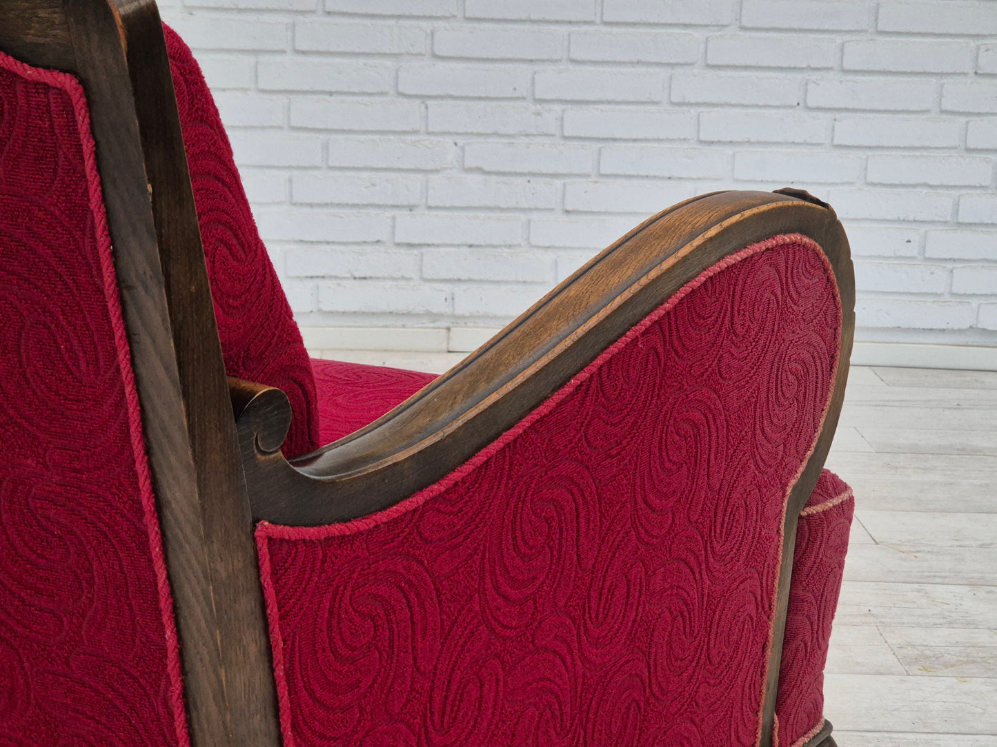 1950s, Danish vintage relax armchair, furniture fabric, oak wood, original.