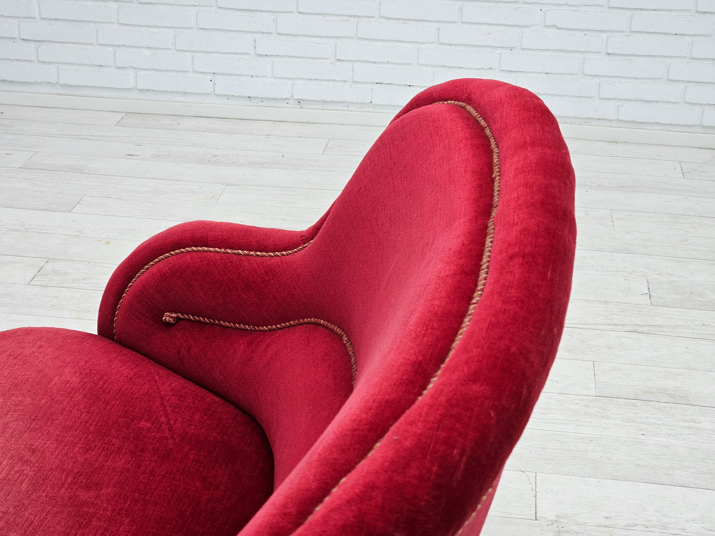 1950s, Danish 2-seater curved sofa, cherry-red furniture velour.