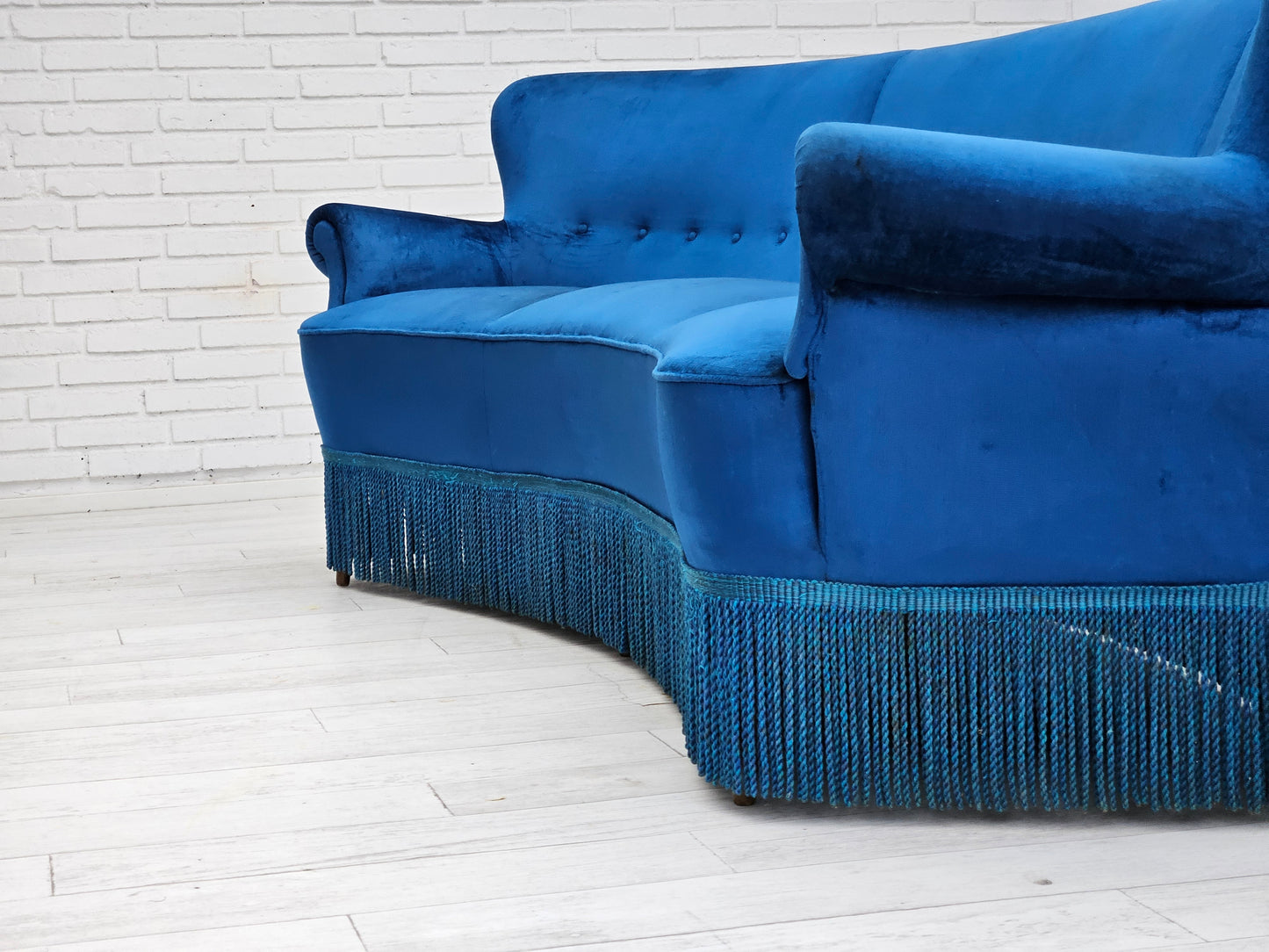 1960s, Danish 3-seater curved sofa, blue furniture velour, beech wood legs.