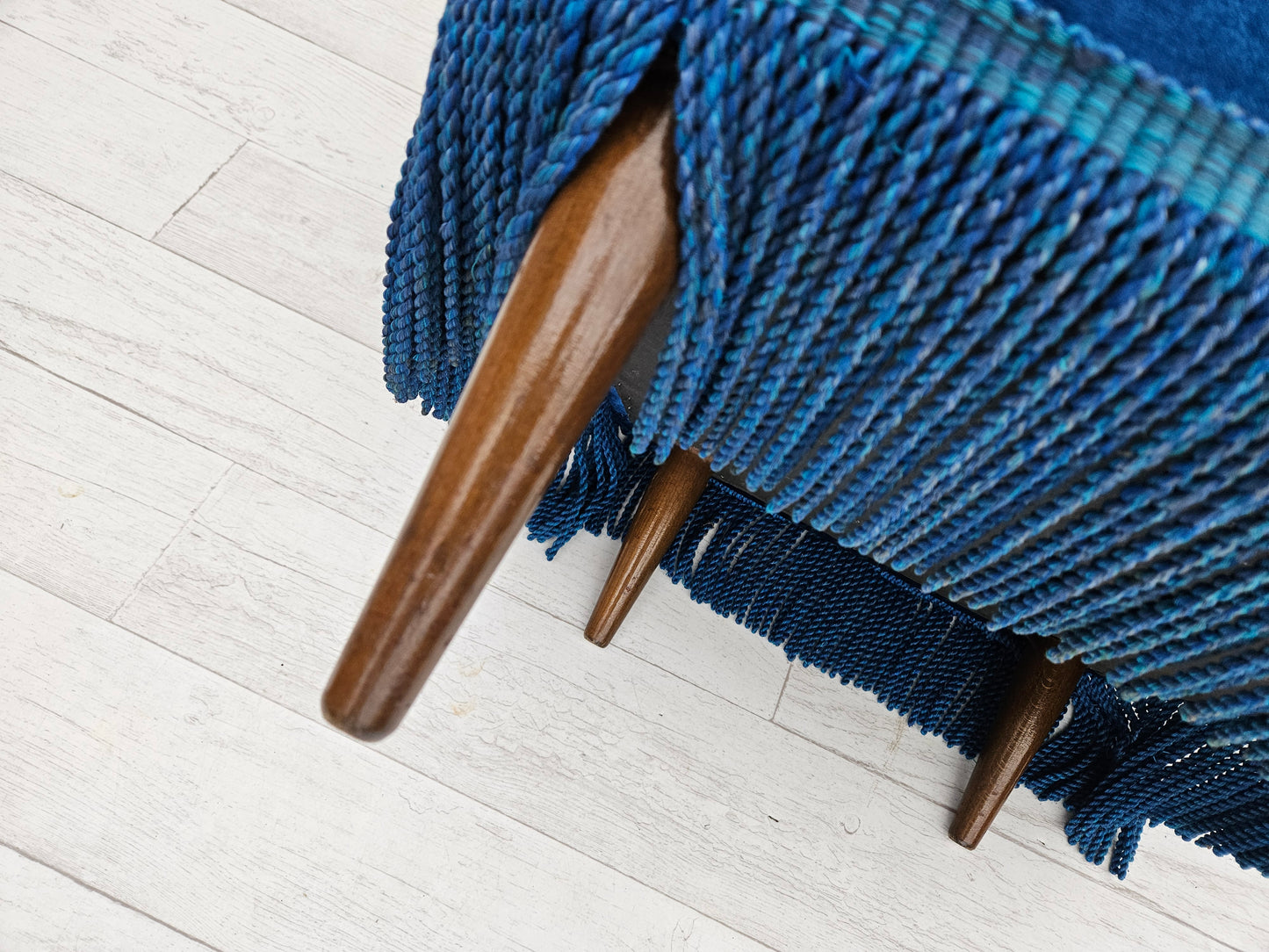 1960s, Danish lounge chair, blue furniture velour, beech wood legs.