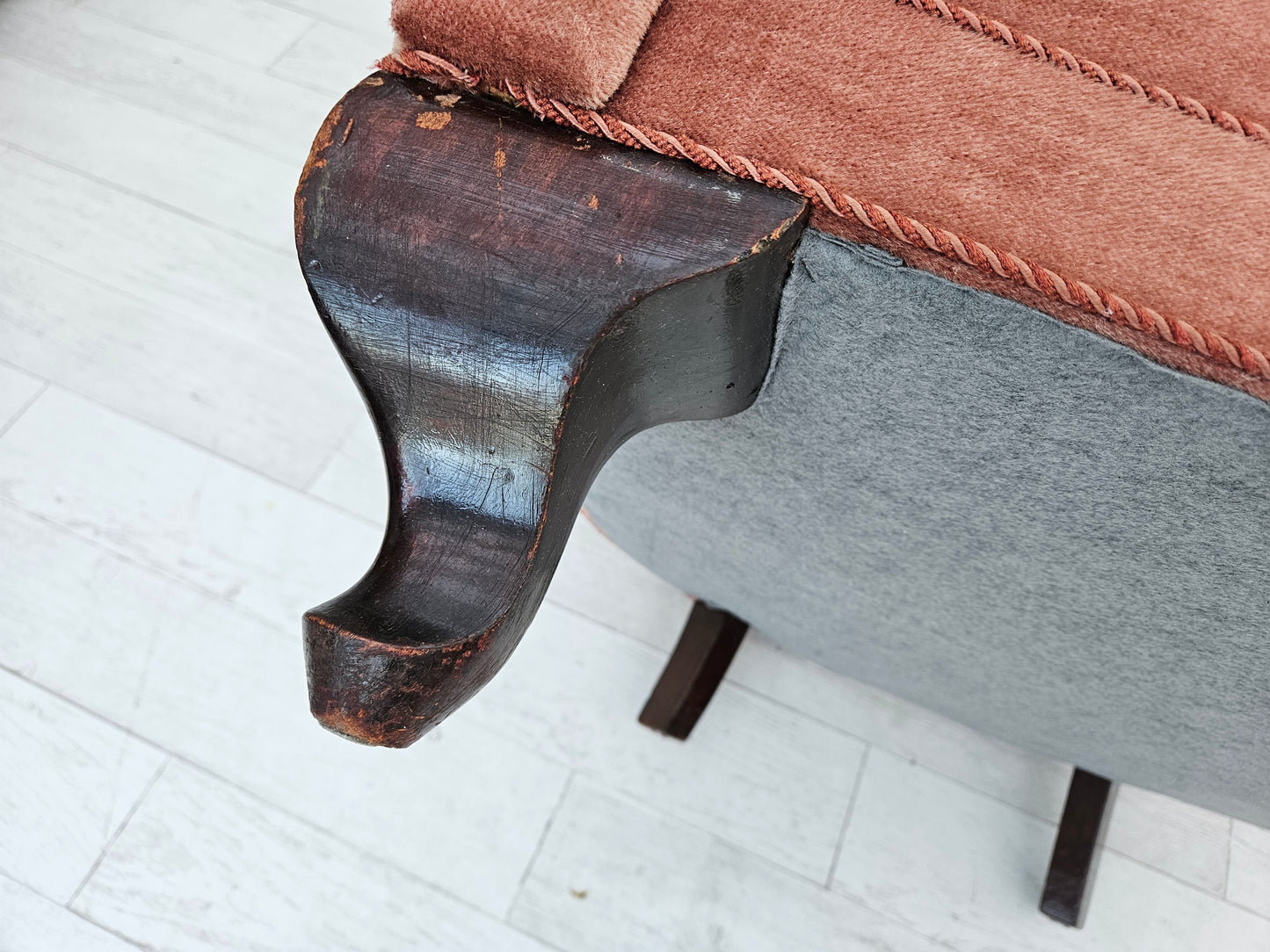 1960s, Danish lounge chair, salmon pink furniture velour, ash wood legs.