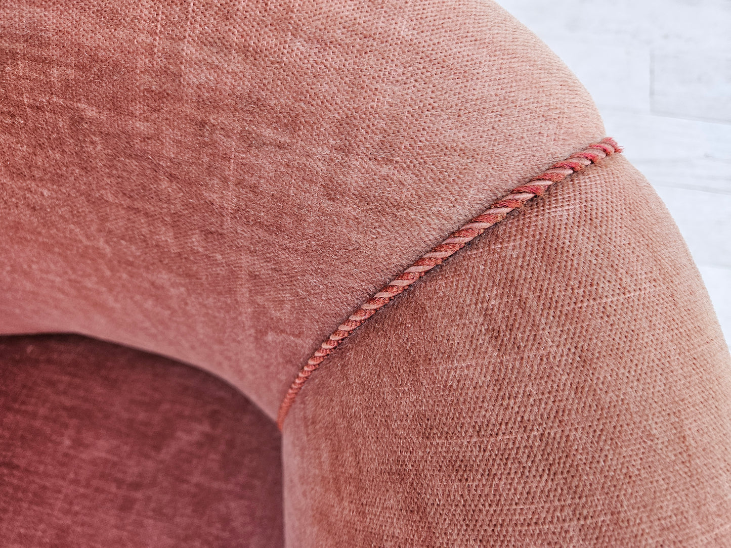 1960s, Danish lounge chair, salmon pink furniture velour, ash wood legs.