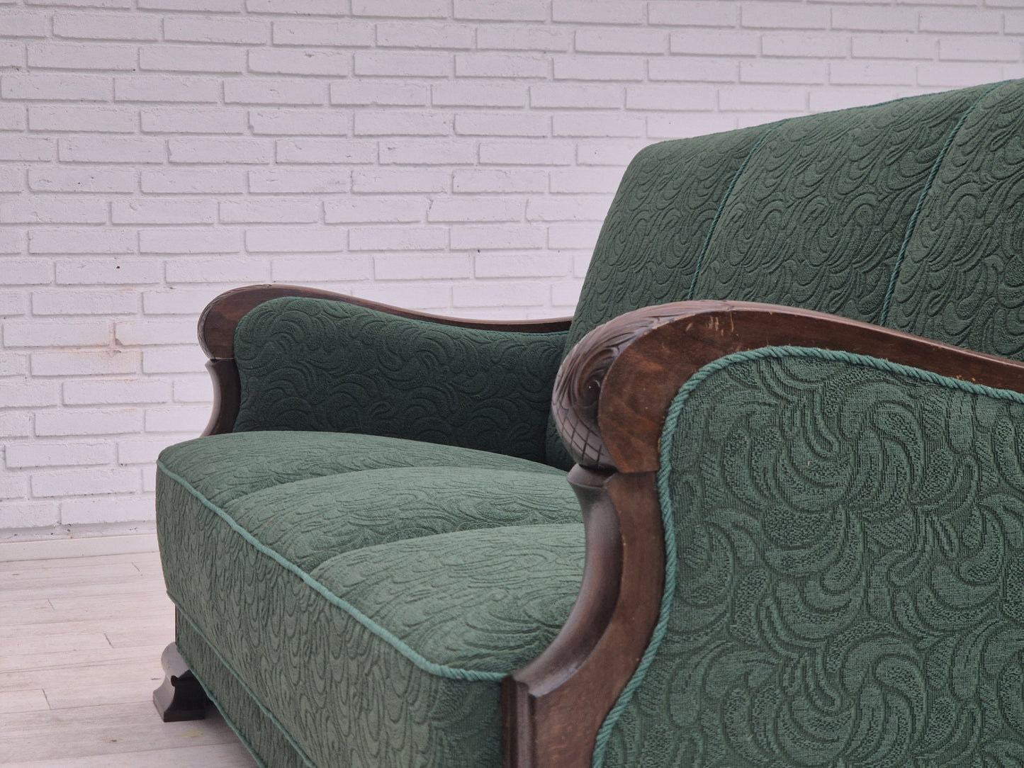 1950s, 3-seater sofa, green furniture blend wool, beech wood.