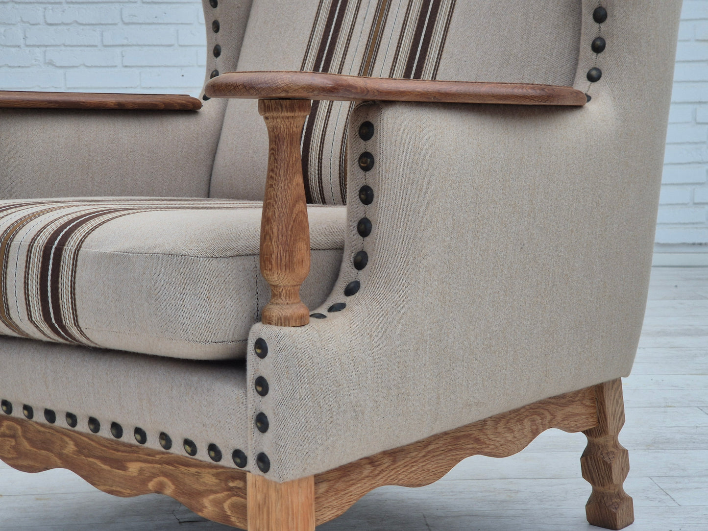 1970s, Danish armchair, furniture wool fabric, oak wood, original condition.