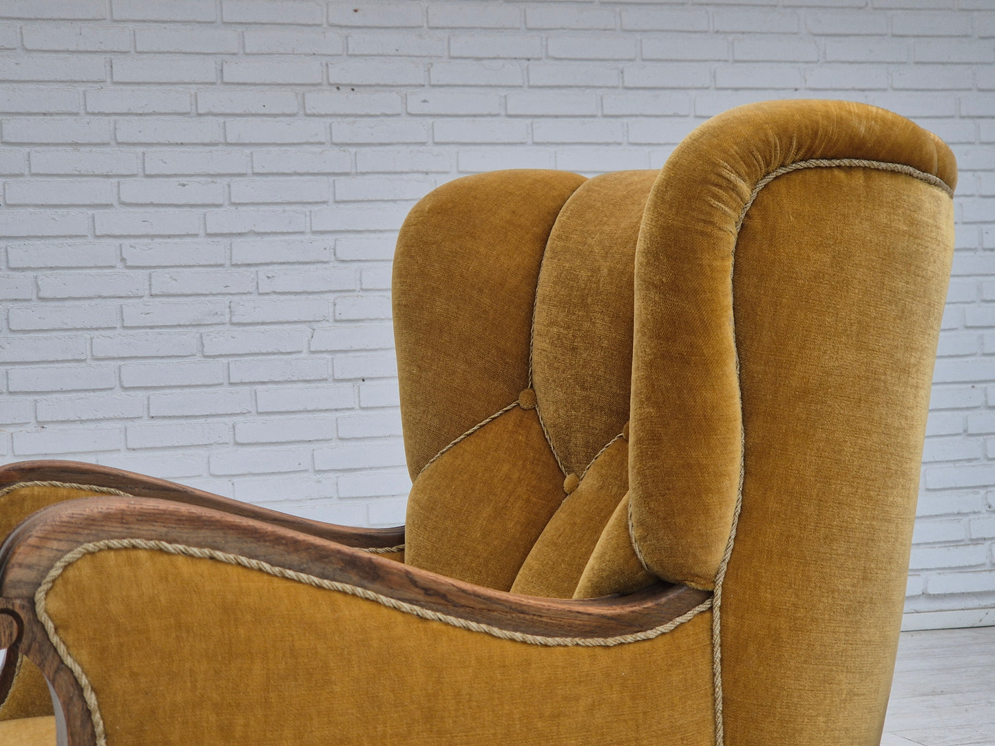 1960s, Danish relax armchair, yellow-honning furniture velour, oak wood, original.