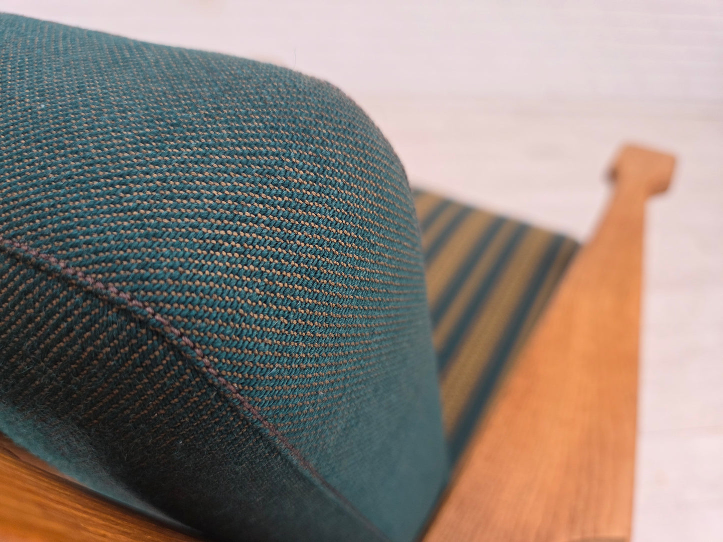 1970s, Scandinavian 2-seater sofa, furniture wool, solid oak wood.