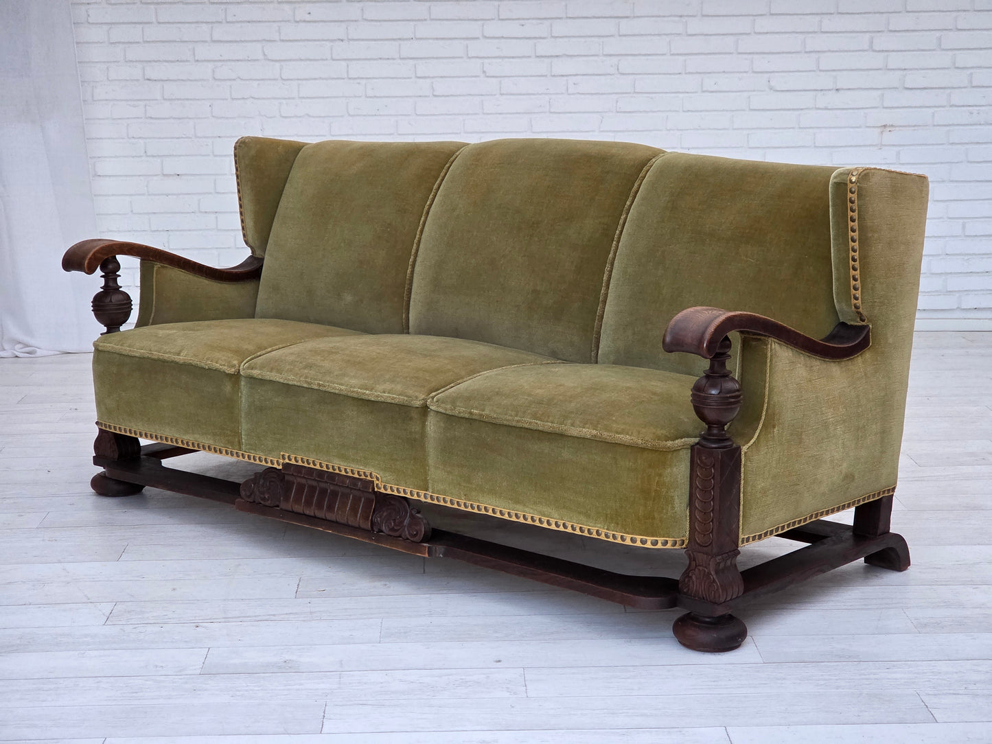 1950s, 3-seater Danish sofa, original condition, furniture velour, solid oak wood.