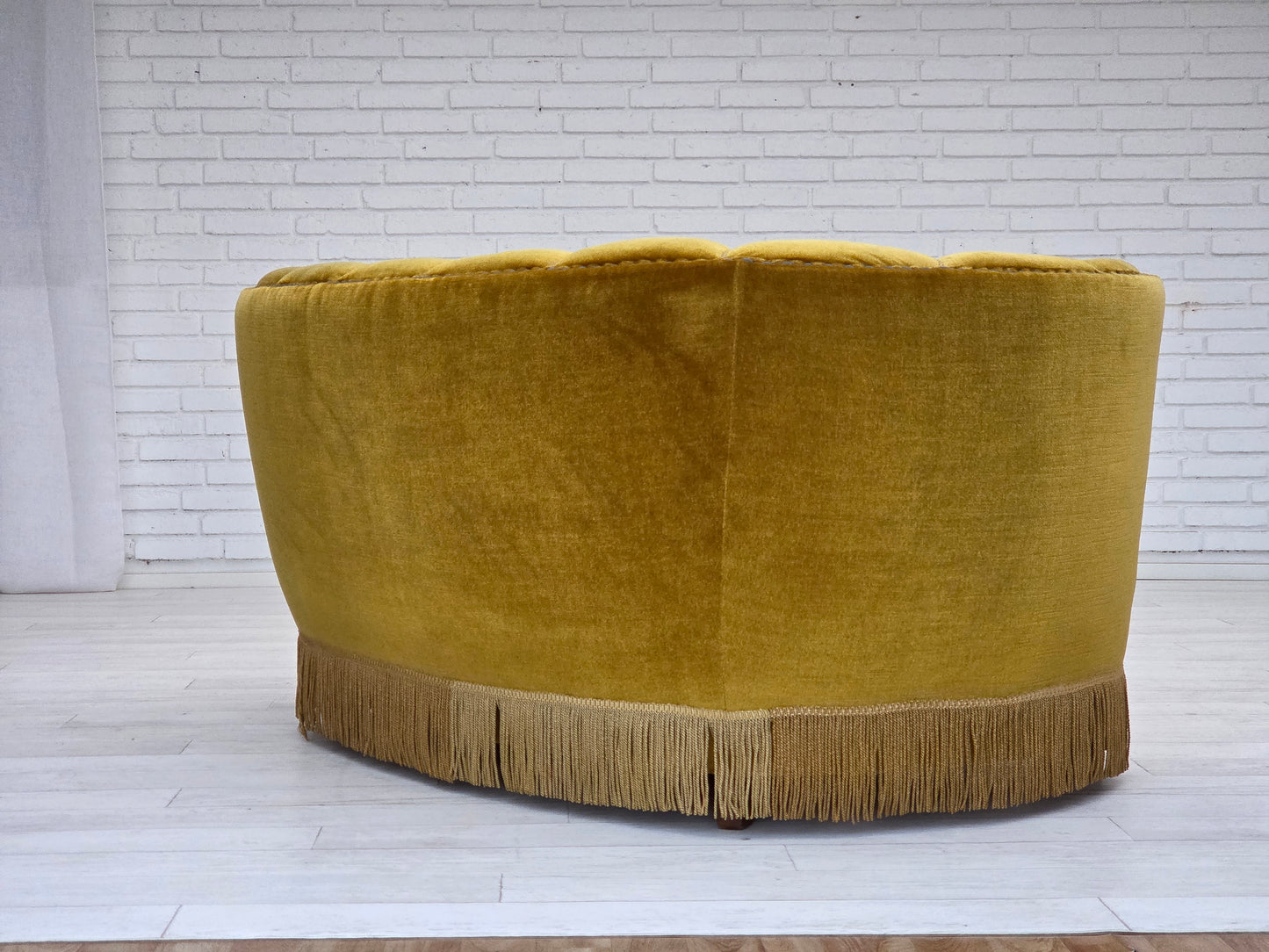 1960s, Danish 2-seater "Banan" sofa, original green furniture velour, oak wood.
