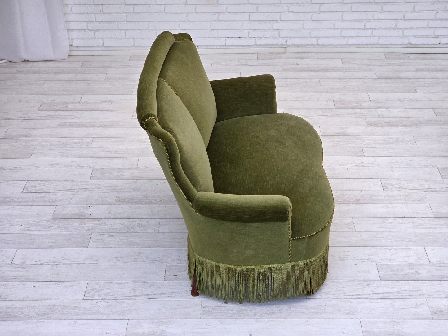 1960s, Danish 2-seater sofa, original green furniture velour, beech wood legs.