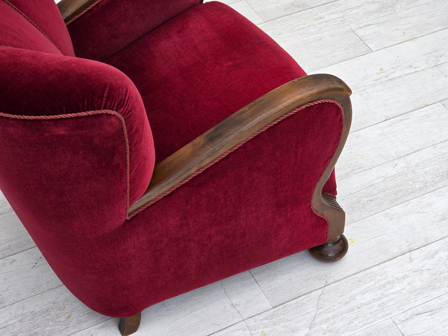 1950s, Danish relax armchair, cherry-red furniture velour, dark beech wood.