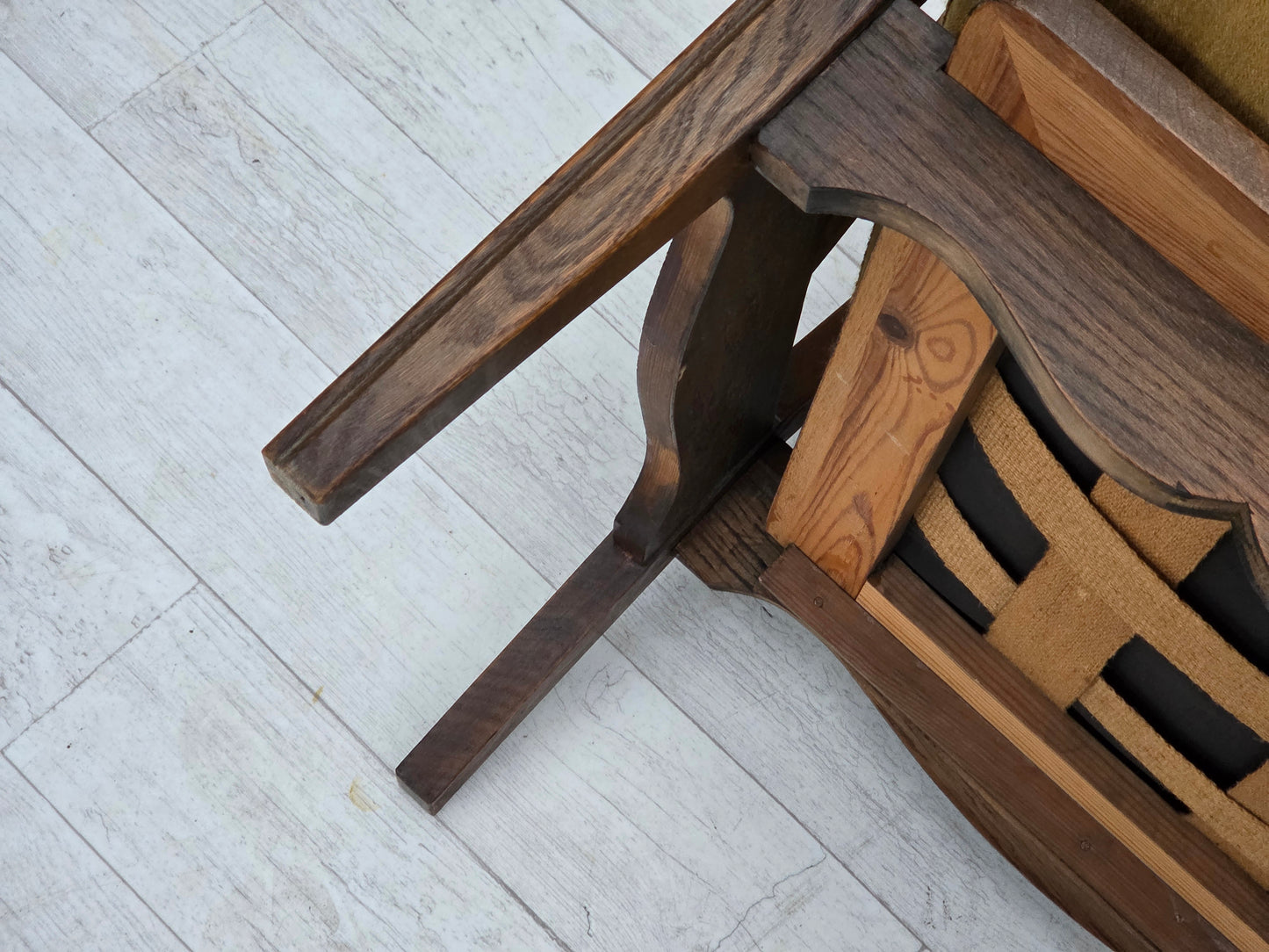 1950s, Danish vintage armchair, original green furniture velour, oak wood.