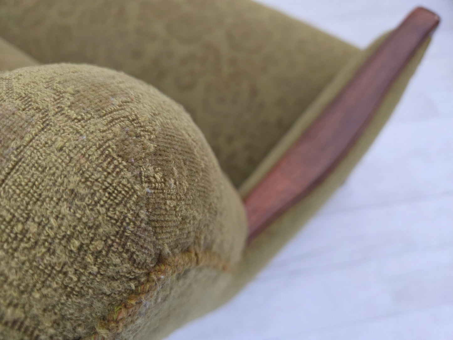 1960s, Danish armchair, original green furniture velour, ash wood.