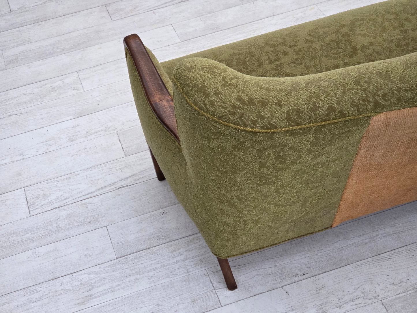 1960s, Danish 3-seater sofa, green furniture velour, ash wood legs.