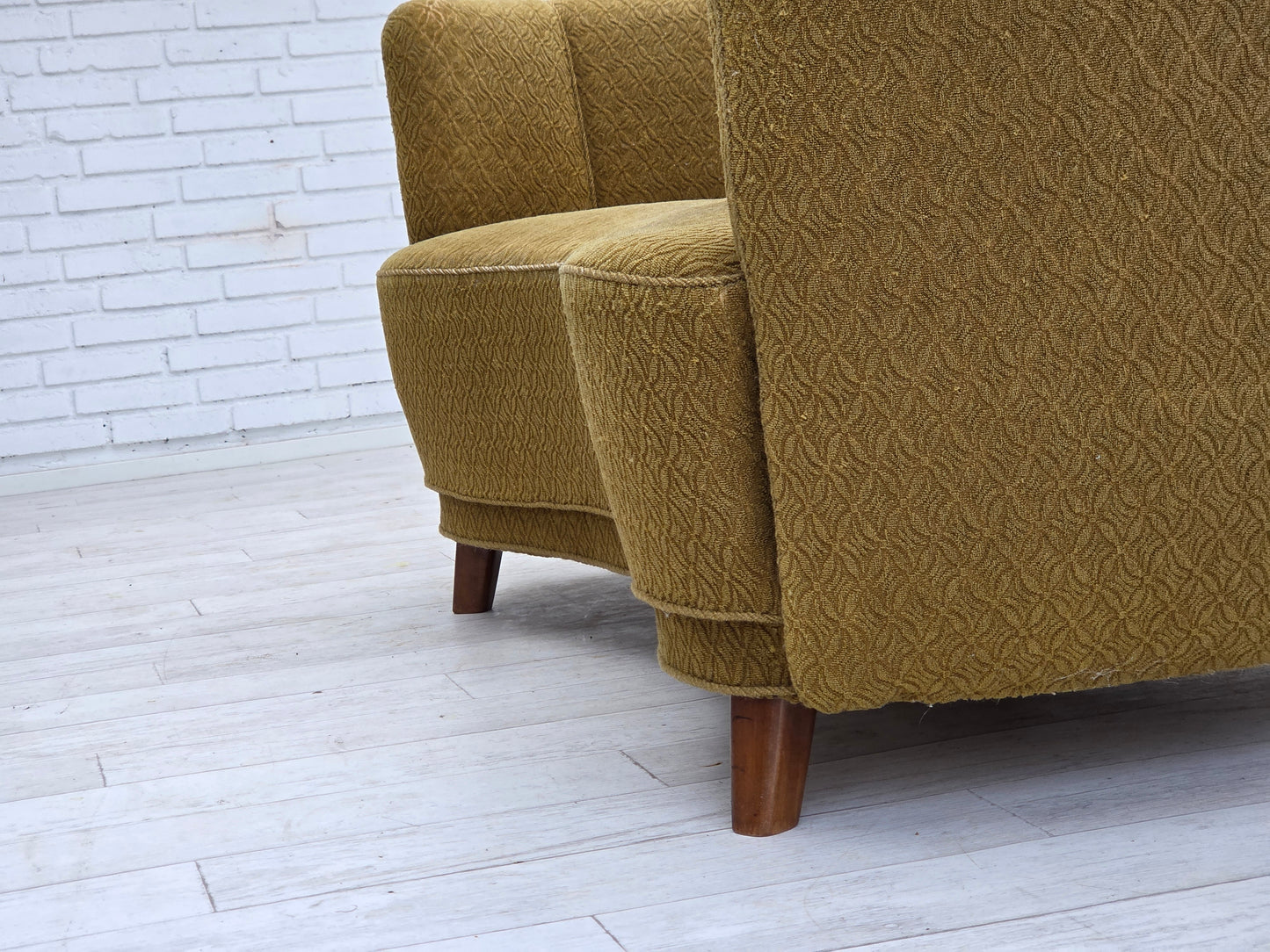 1960s, Danish 2-seater "Banan" sofa, green furniture wool, ash wood.