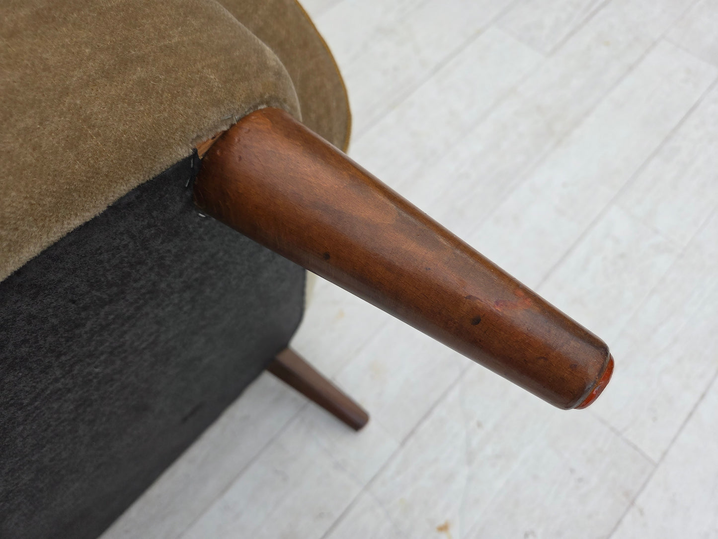 1970s, Danish armchair, green furniture velour, beech wood legs.