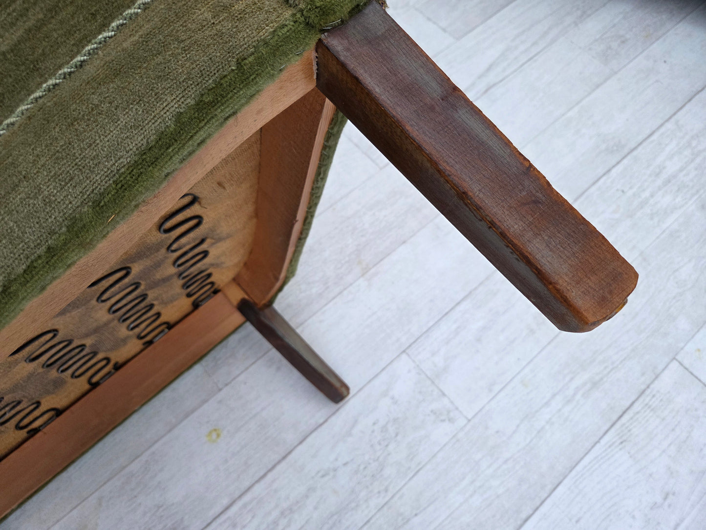 1960s, Danish curved 2-seater sofa, furniture velour, beech wood.