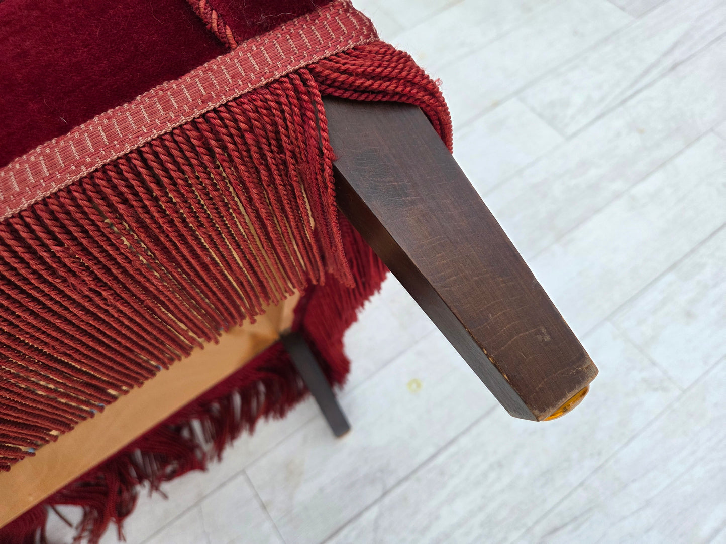 1960s, Danish armchair, cherry-red furniture velour, ash wood, original.