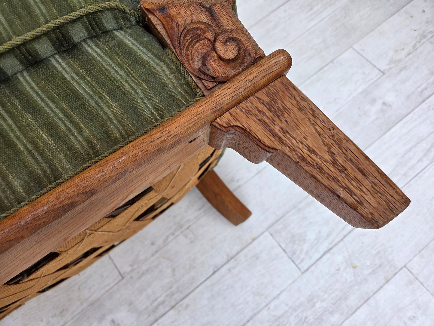 1960s, Danish 3-seater sofa, original green furniture velour, oak wood.