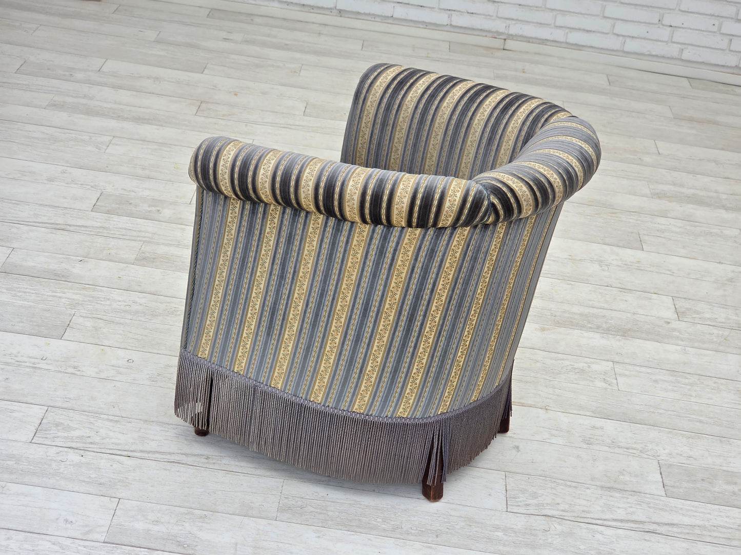 1960s, Danish lounge chair, blue/beige furniture velour, beech wood legs.