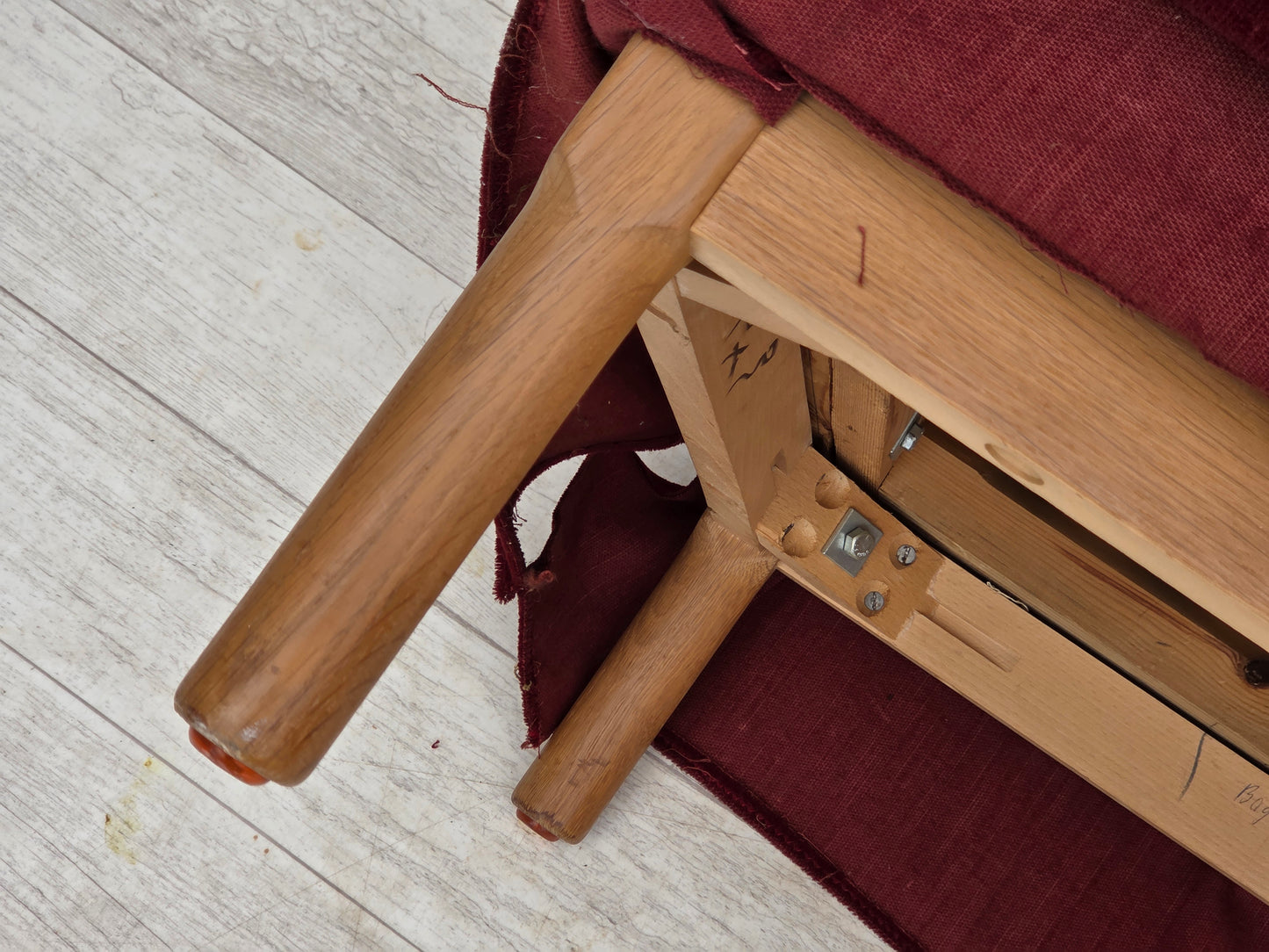 1970s, Danish highback chair, cherry-red furniture velour, ash wood legs.