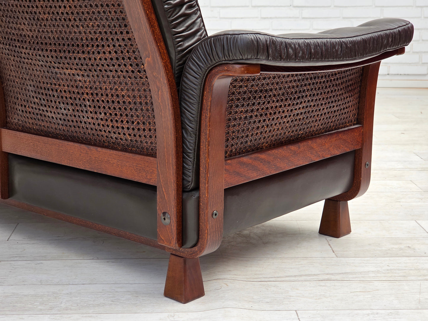 1970s, Scandinavian 3-seater sofa, furniture leather, teak wood legs, bent wood.