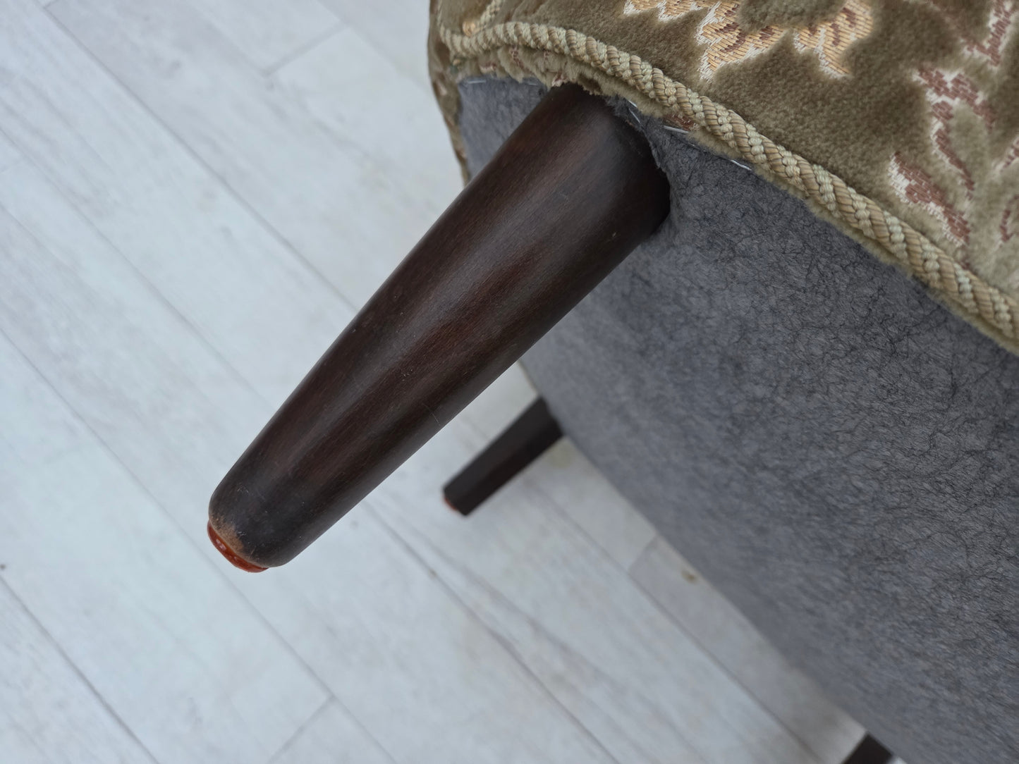 1960s, Danish armchair, light green furniture velour, teak wood legs.