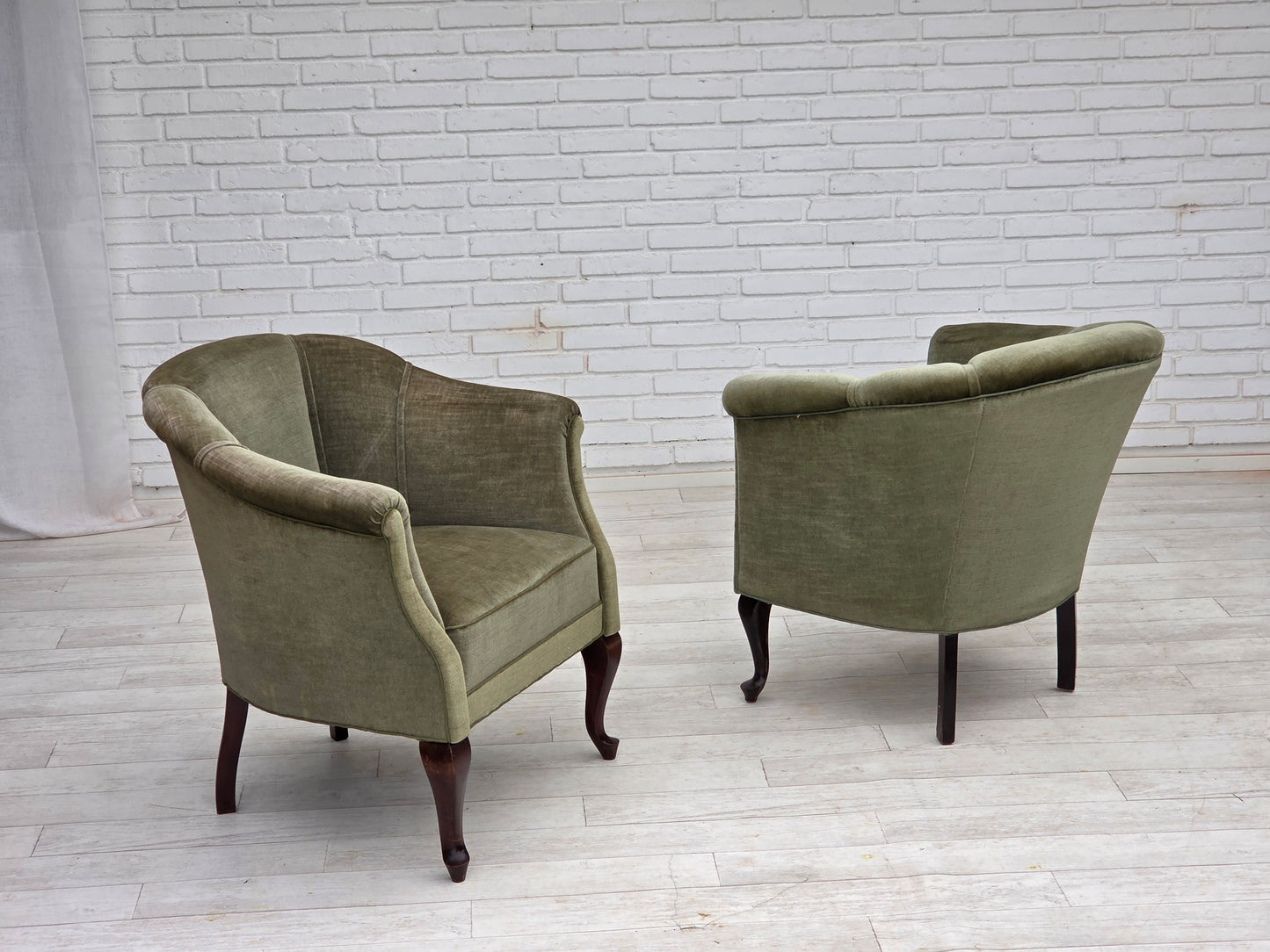 1960s, Danish armchair, green furniture velour, beech wood legs.