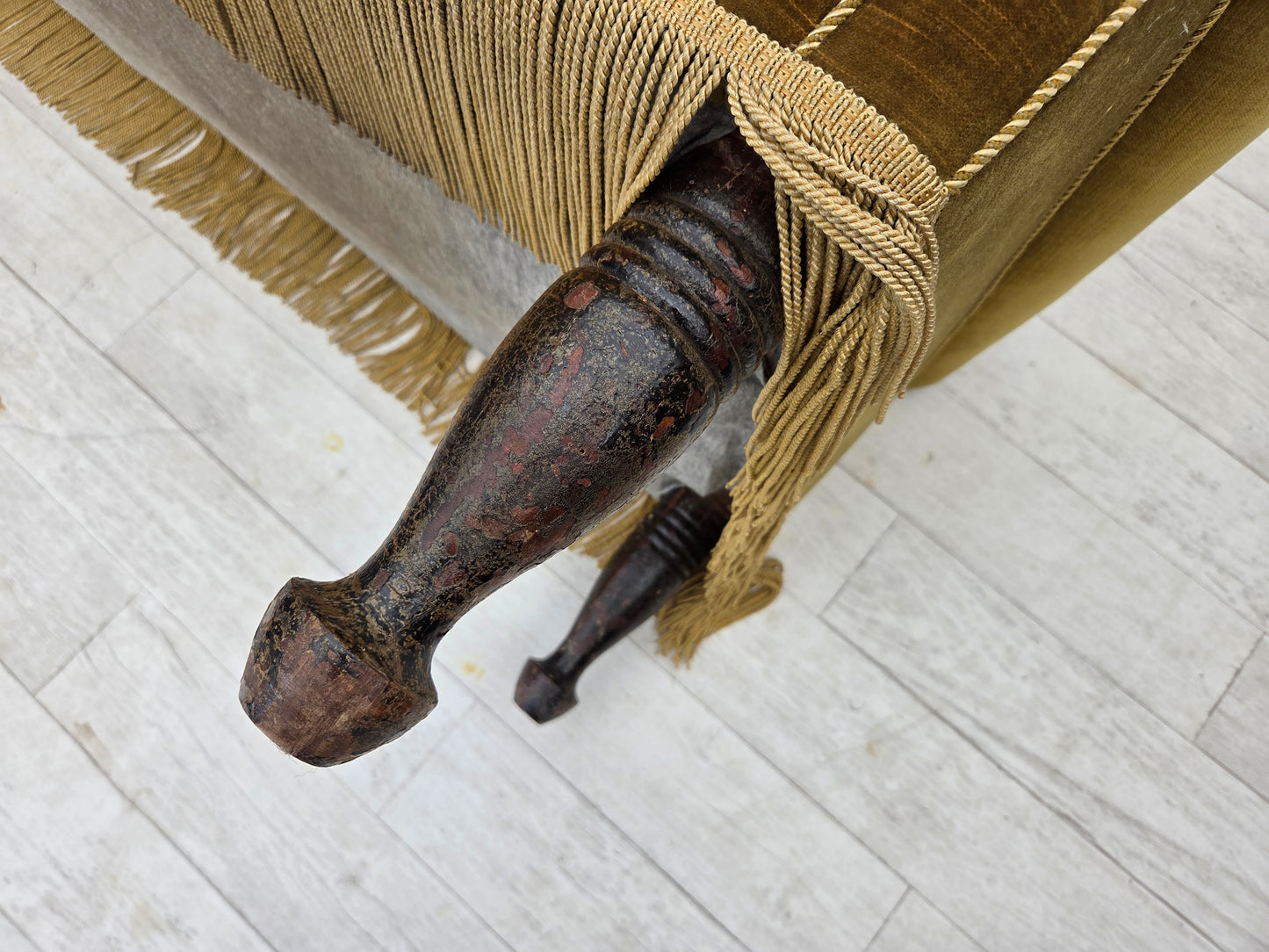 1950s, 2 seater sofa/daybed, light green furniture velour, ash wood legs.