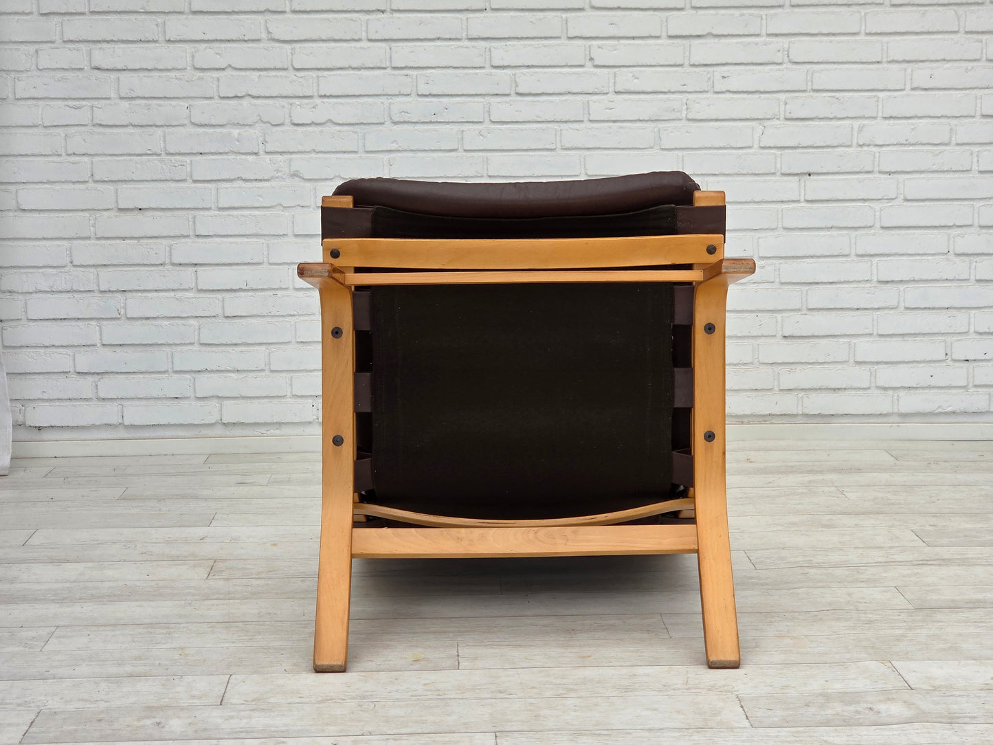 1970s, Danish design by Farstrup, set of 2 armchairs, furniture leather, bent wood.