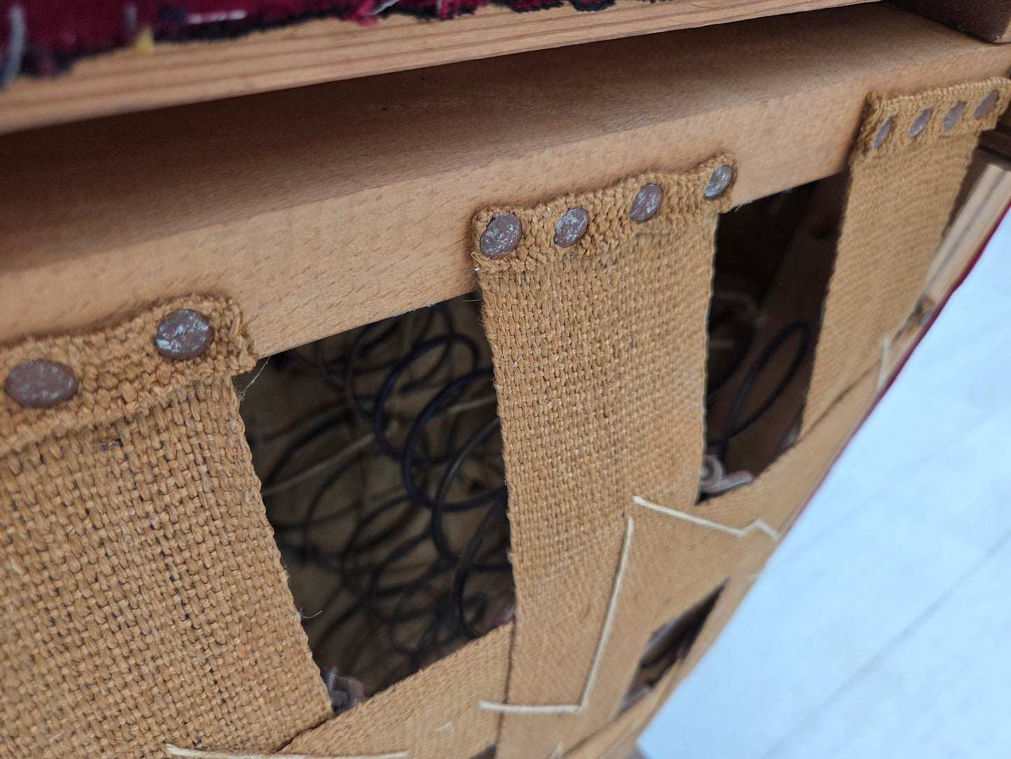 1960s, Danish armchair, cherry-red furniture velour, beech wood legs, reupholstered.