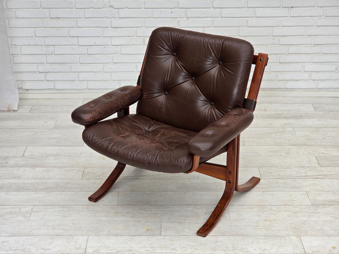 1970s, Norwegian armchair by Jon Hjortdal, furniture leather, bent wood, canvas.
