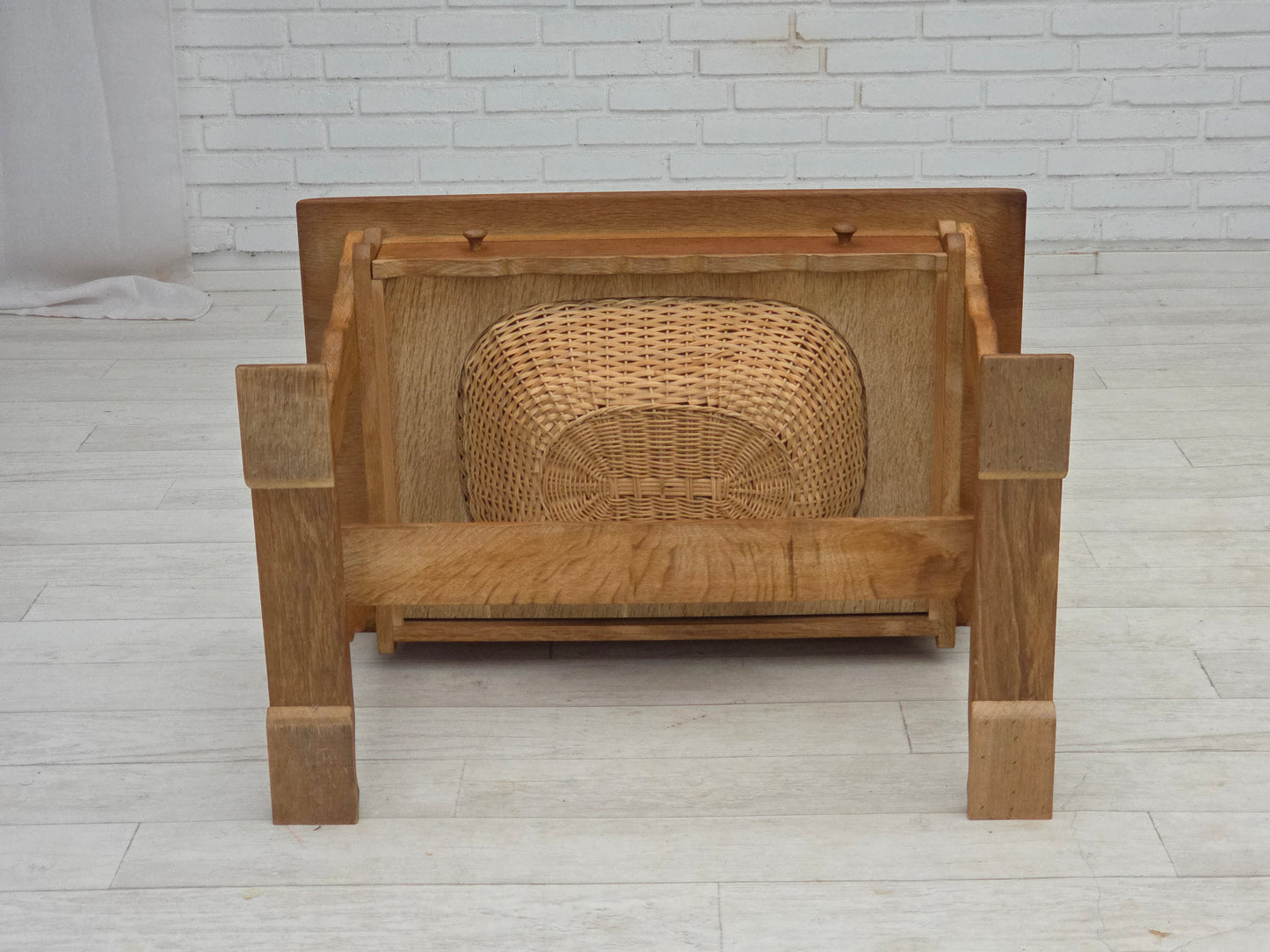 1970s, Scandinavian side table with drawers, solid oak wood, rattan.