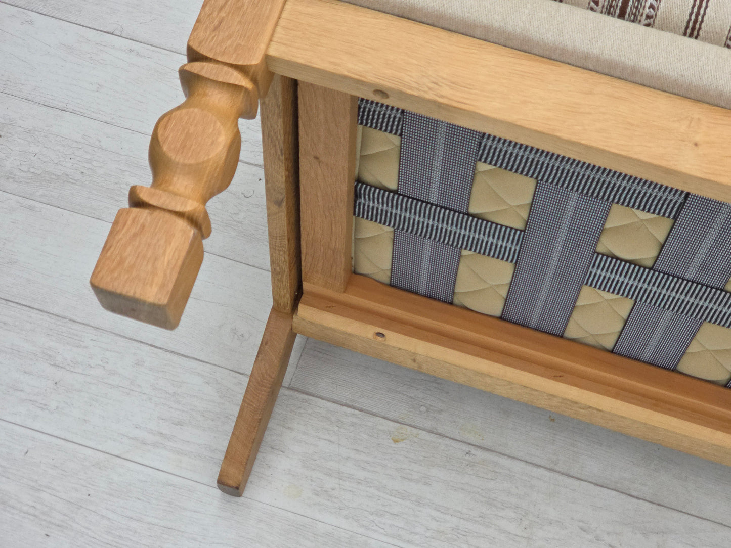 1970s, Danish 3-seater sofa, beige furniture wool, solid oak wood.