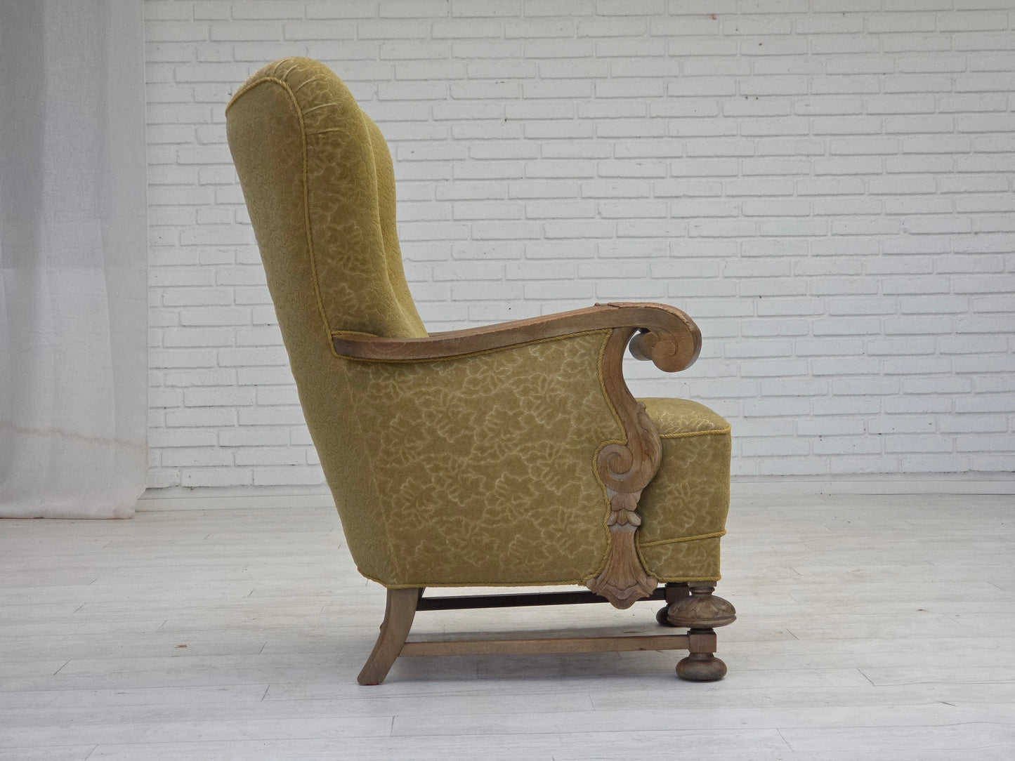 1960s, Danish highback armchair, furniture cotton/wool fabric, solid oak wood.