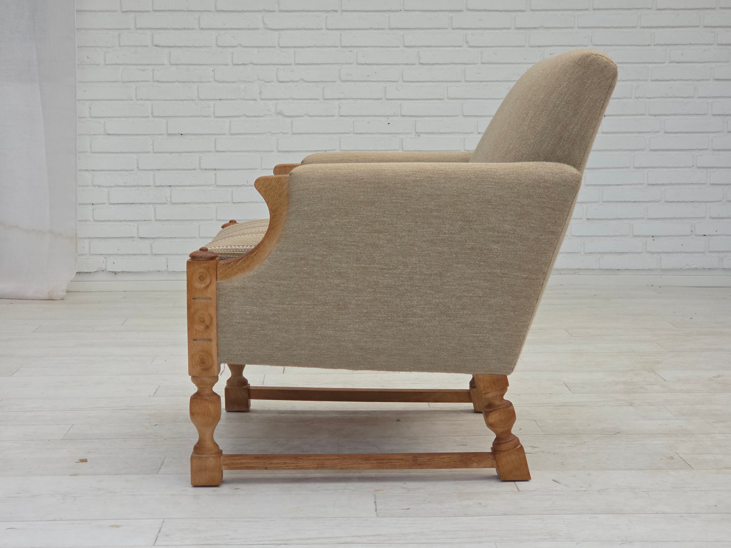 1970s, Danish armchair, original beige furniture wool, solid oak wood.