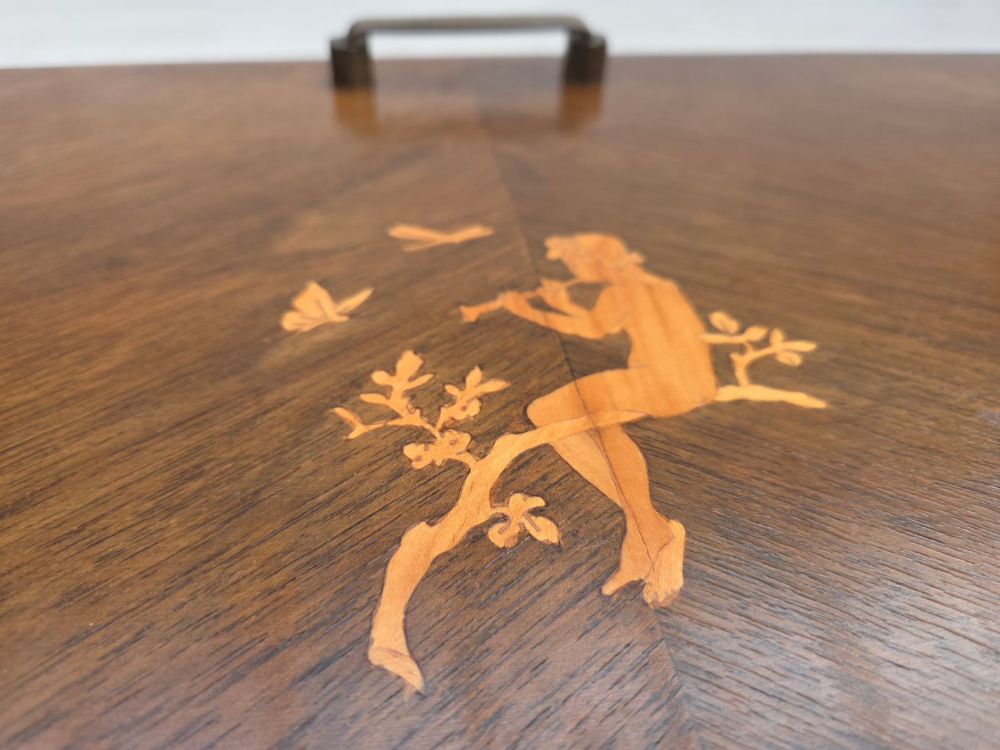 1960s, Danish radio/TV commode, laqered ash wood, wood marquetry door.