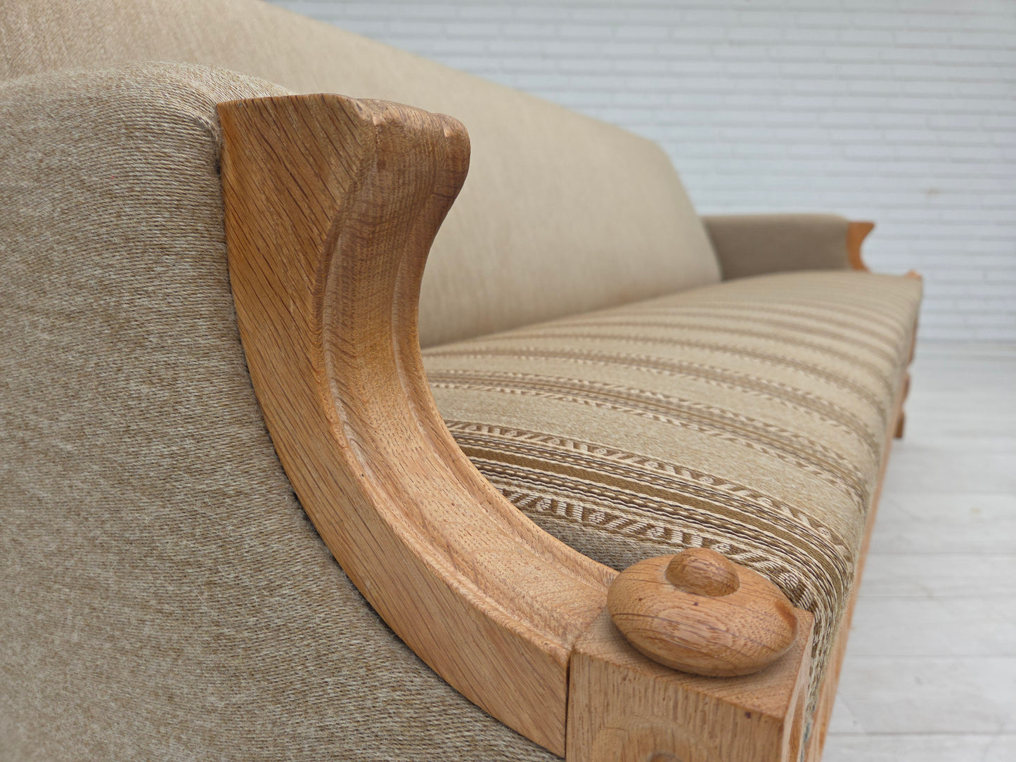 1970s, 3-seater Danish sofa, original beige furniture wool, solid oak wood.