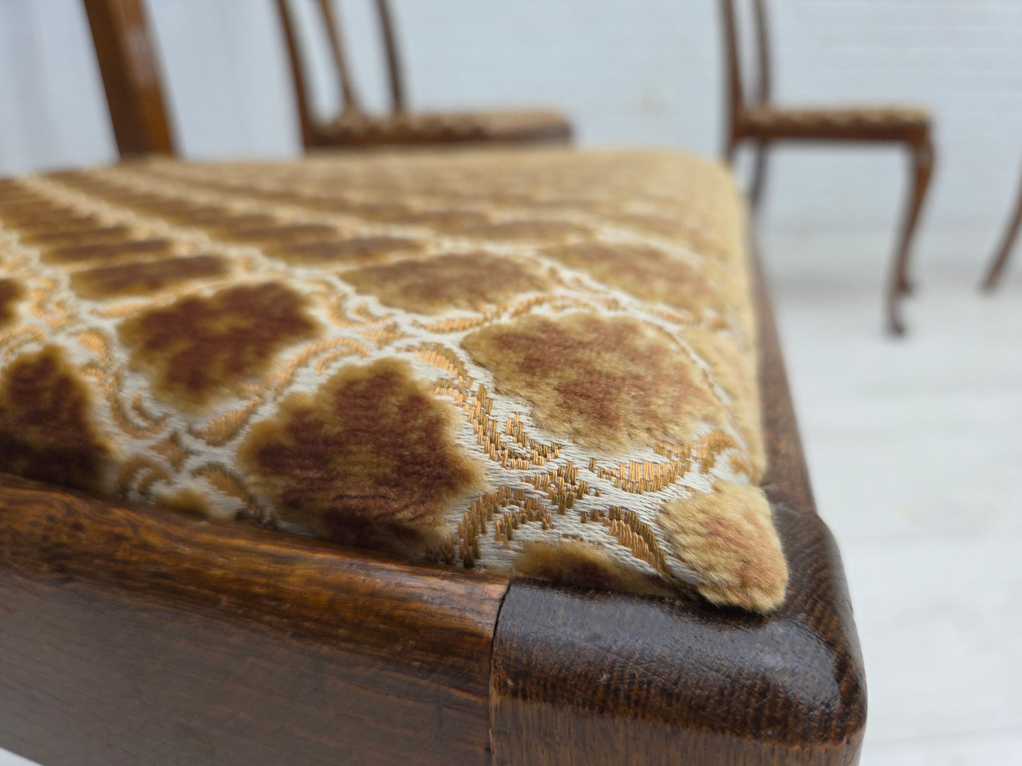 1930s, set of 6 Danish vintage chairs, furniture velour, oak wood, reupholstered.