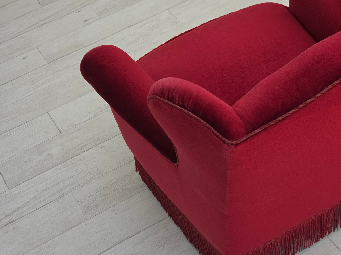1960s, Danish armchair, red furniture velour, beech wood legs.