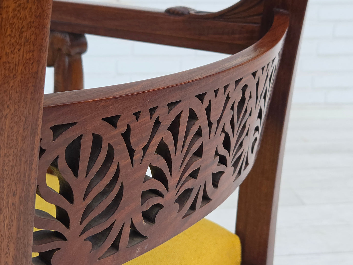 1920-30s, carved wood armchair, design after Georges Jacob, reupholstered.