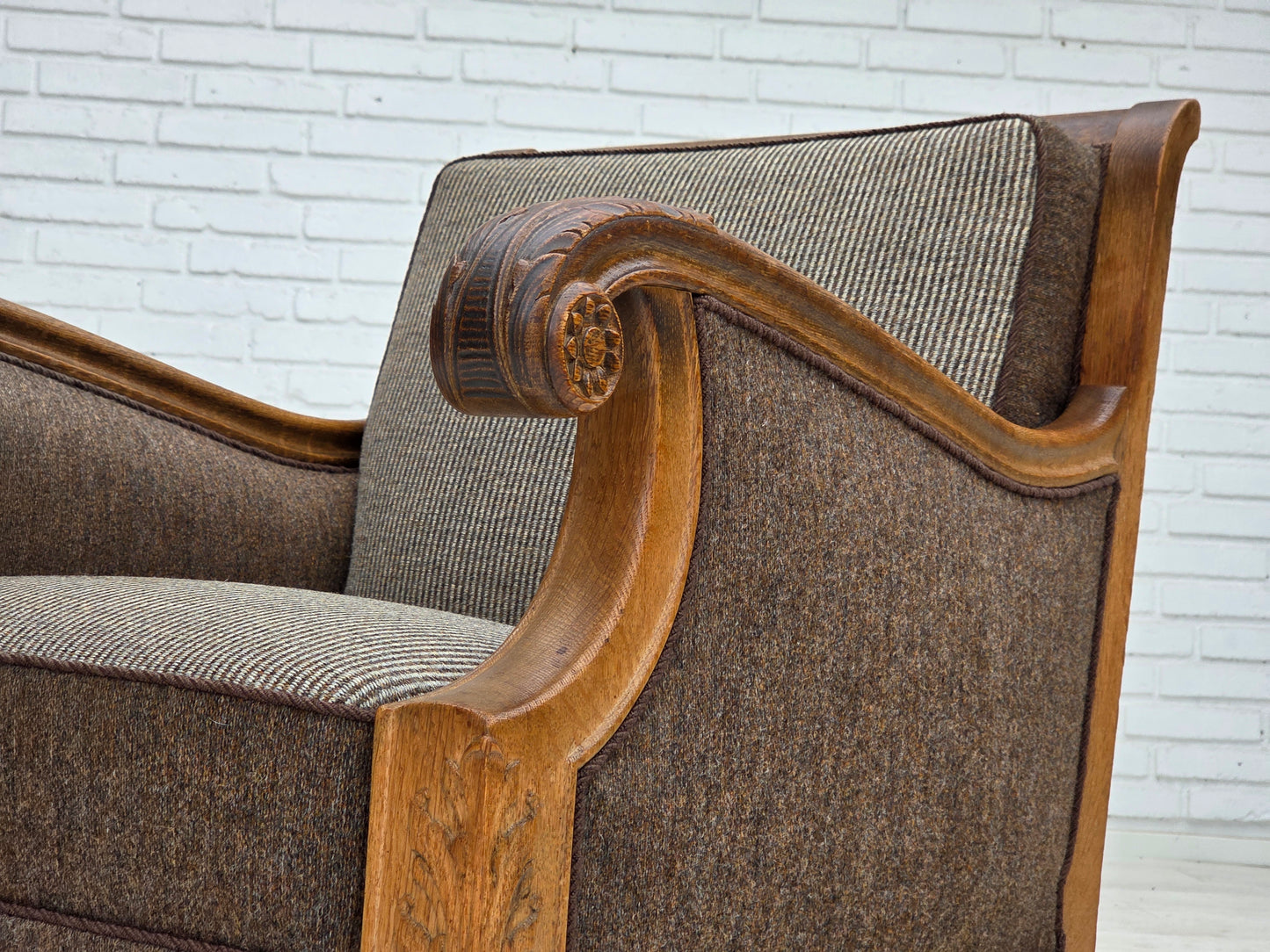 1950s, Danish armchair, furniture wool, solid carved oak wood.